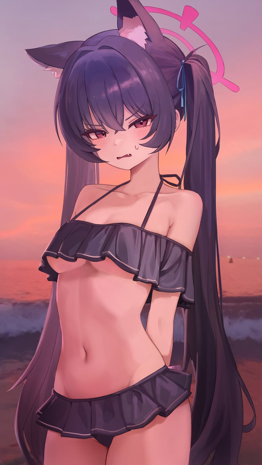 absurdres, animal ear fluff, animal ears, arms behind back, artist request, bare shoulders, bikini, bikini skirt, black bikini, black hair, blue archive, blue ribbon, blush, breasts, cat ears, cat girl, commentary, crossed bangs, female, frilled bikini, frills, hair between eyes, hair ribbon, halo, highres, long hair, looking at viewer, midriff, navel, oerba yun fang, official alternate costume, open mouth, red eyes, ribbon, sakoronia, serika (blue archive), serika (swimsuit) (blue archive), sidelocks, skin fang, solo, stomach, sweatdrop, swimsuit, twintails, underboob