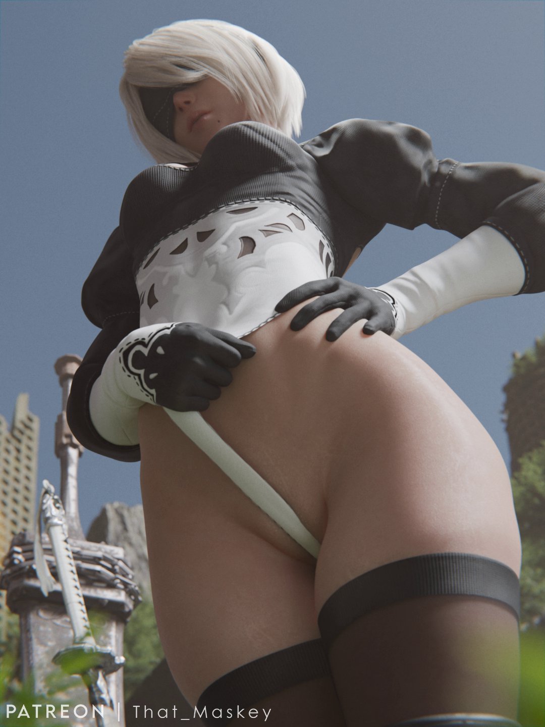 1girls, 2026, 3d, alternate version available, beauty mark under mouth, big hips, blindfold, blindfolded female, bob cut, boob window, breasts, clothed, clothed female, detailed background, female, female only, gloves, headband, hips, image set, juliet sleeves, knee high boots, legs together, leotard, low-angle view, nier (series), nier: automata, outdoors, pussy floss, short hair, silver hair, solo, that maskey, thigh gap, thigh high stockings, thigh highs, thighhigh stockings, thighhighs, weapon, wide hips, yorha 2b