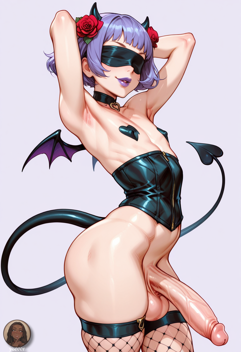 1boy, ai generated, armpits, ass, balls, big balls, big penis, black legwear, bubble ass, bubble butt, corset, demon, demon boy, demon tail, demon wings, femboy, fishnet legwear, fishnets, girly, hung trap, incubus, male, otoko no ko, penis, simple background, solo, trap, yo0001