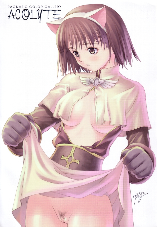 1girls acolyte acolyte_(ragnarok_online) animal_ear breasts brown_eyes brown_hair female female_only pubic_hair pussy ragnarok_online short_hair skirt skirt_lift solo taka_tony uncensored