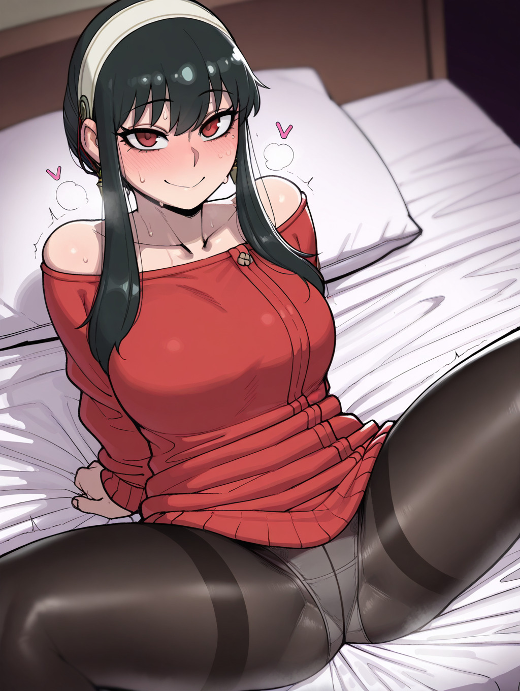 1girls, ai generated, astralgazer, black hair, black pantyhose, blush, blush lines, blushing at viewer, breasts, earrings, exposed shoulders, female, hair band, heart, heart symbol, large breasts, long hair, looking at viewer, off shoulder, on bed, panties, panties under pantyhose, pantyhose, red eyes, red shirt, red sweater, seductive, seductive look, seductive smile, sitting, smile, spread legs, spy x family, steam, steaming body, sweat, sweatdrop, sweater, sweaty, thighs, yor briar, yor forger
