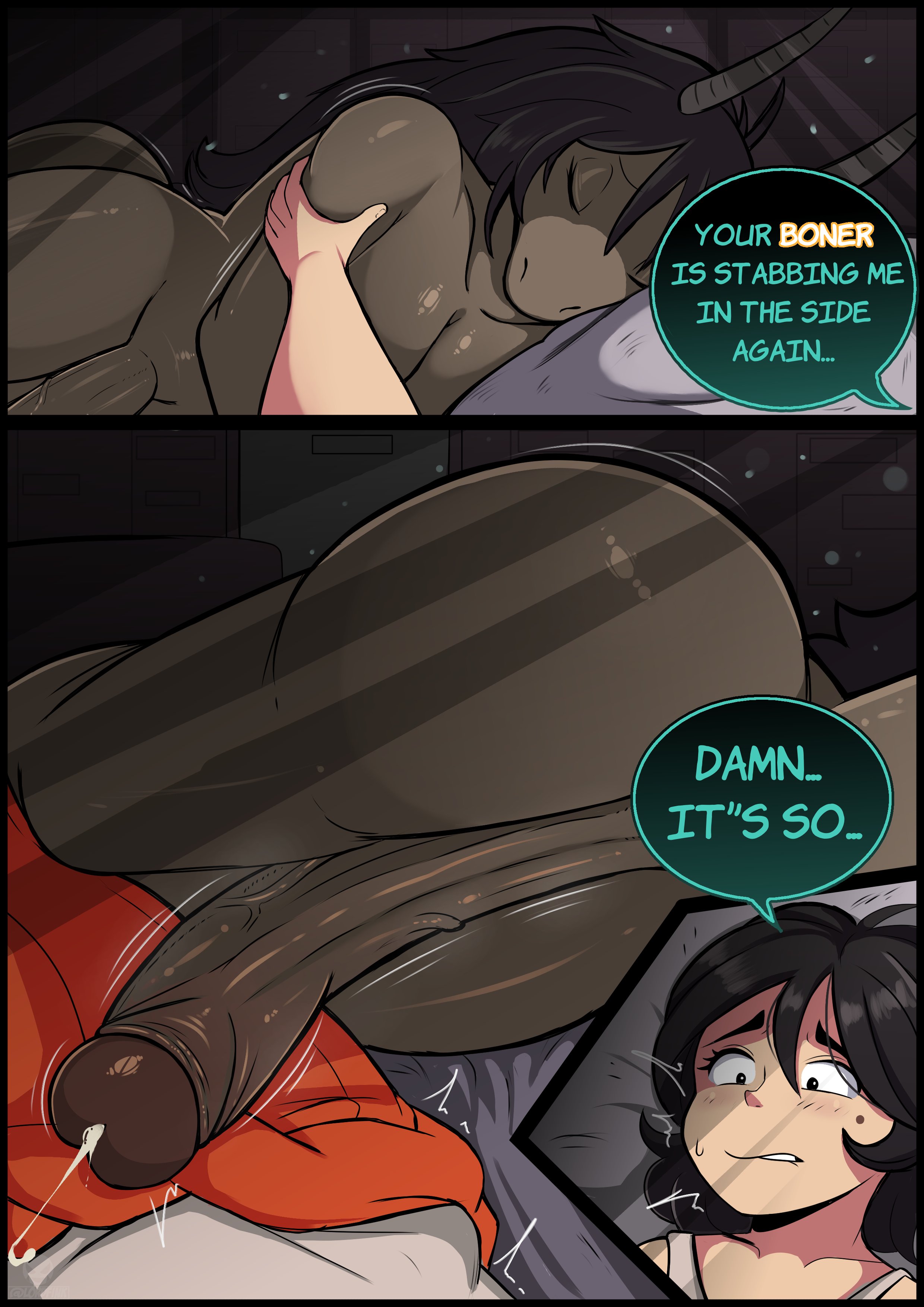 1futa, 1girls, anthro, anthro on human, bed, bedroom, breasts, character request, clothed, clothed female nude futa, clothing, comic, completely nude, dialogue, english text, erection, female, foreskin, futa on female, futa/female, futanari, green body, green skin, human, humanoid penis, hyper penis, intersex, juice, lordfink, lying, lying on bed, medium breasts, monster girl, nude, nude futa, on bed, penis, precum, scp foundation, scp-3887-a, scp-3887-b, size difference, sleep molestation, sleeping, speech bubble, taller female, text, uncircumcised, vein, veins, veiny, veiny penis