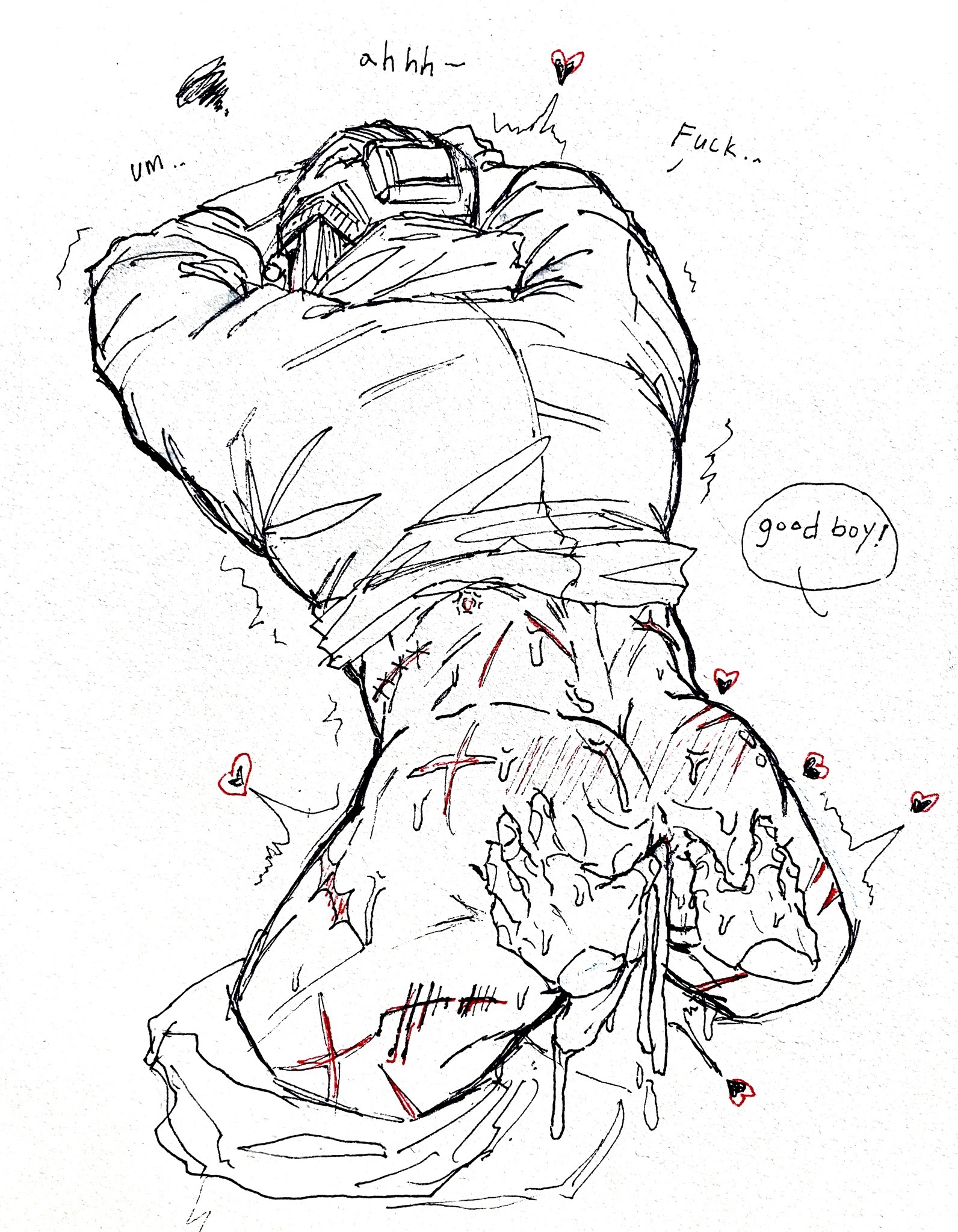 2boys, after sex, ass, ass focus, bent over, blood drip, bodily fluids, bondage, call of duty, call of duty modern warfare 2 (2022), cum, cum drip, cum dripping, cum dripping from ass, cum dripping from penis, cum in ass, disembodied hand, erection, excessive cum, gay, gay sex, heart symbol, helmet, könig, knife play, konig, male, mask, masked male, monochrome, no underwear, off screen character, orgasm, panting, pants down, penis, scar, scars, scars all over, scratches, shirt lift, soysauce0u0, sweat, sweatdrop, sweaty, text, text bubble, thin waist, traditional art, traditional media (artwork), wounded, wounds