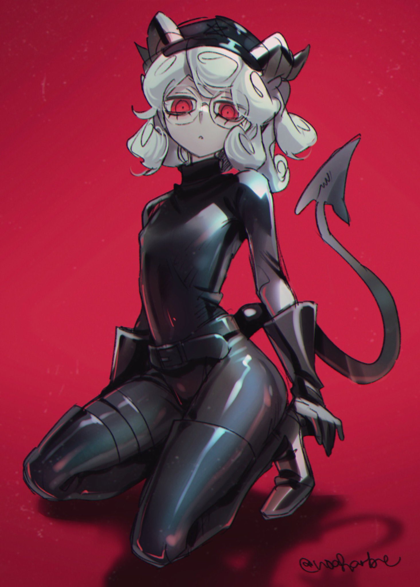 demon, demon girl, demon horns, demon tail, female, fully clothed, glasses, helltaker, latex suit, noah (tettsui-sole), noaharbre, pandemonica (helltaker), red eyes, tagme, white hair