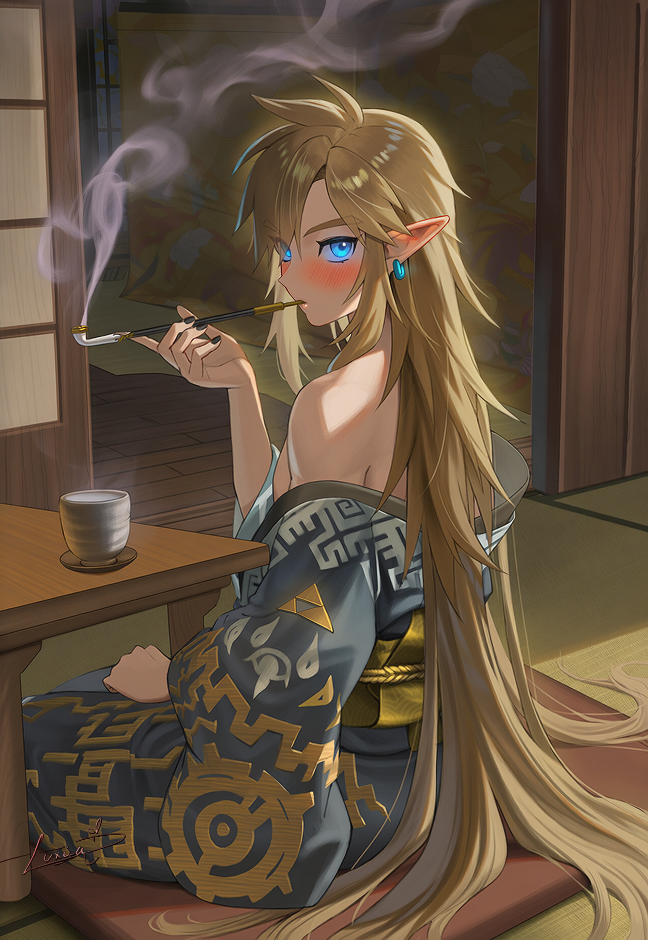 ai art, ai generated, almond eyes, bare shoulders, black nails, blue eyes, blush, clothes falling off, crossdressing, cute, earrings, femboy, feminine body, feminine male, feminine pose, feminization, golden hair, hylian, hylian ears, japanese clothes, japanese clothing, link, link (breath of the wild), link (tears of the kingdom), long hair, long nails, luxica, male, nintendo, no sex, novelai, smoke, smoking pipe, sole male, suggestive, teacup, the legend of zelda, triforce, yukata
