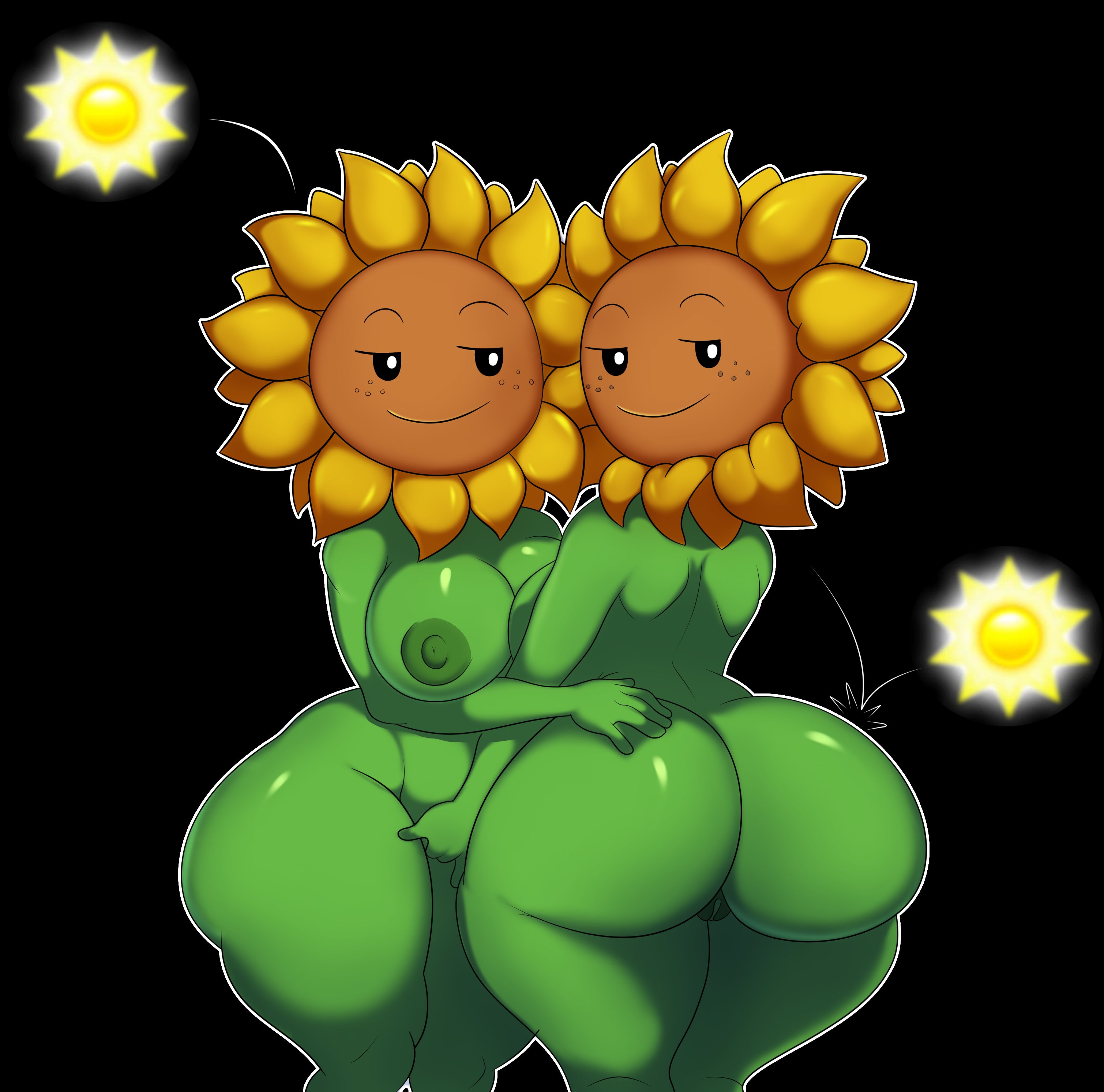 2girls, anthro, ass, big ass, breasts, female, flora fauna, green skin, nipples, oddrich, plant, plant girl, plants vs zombies, pussy, sunflower (pvz), thick thighs, thighs, twin sunflower (pvz), wide hips