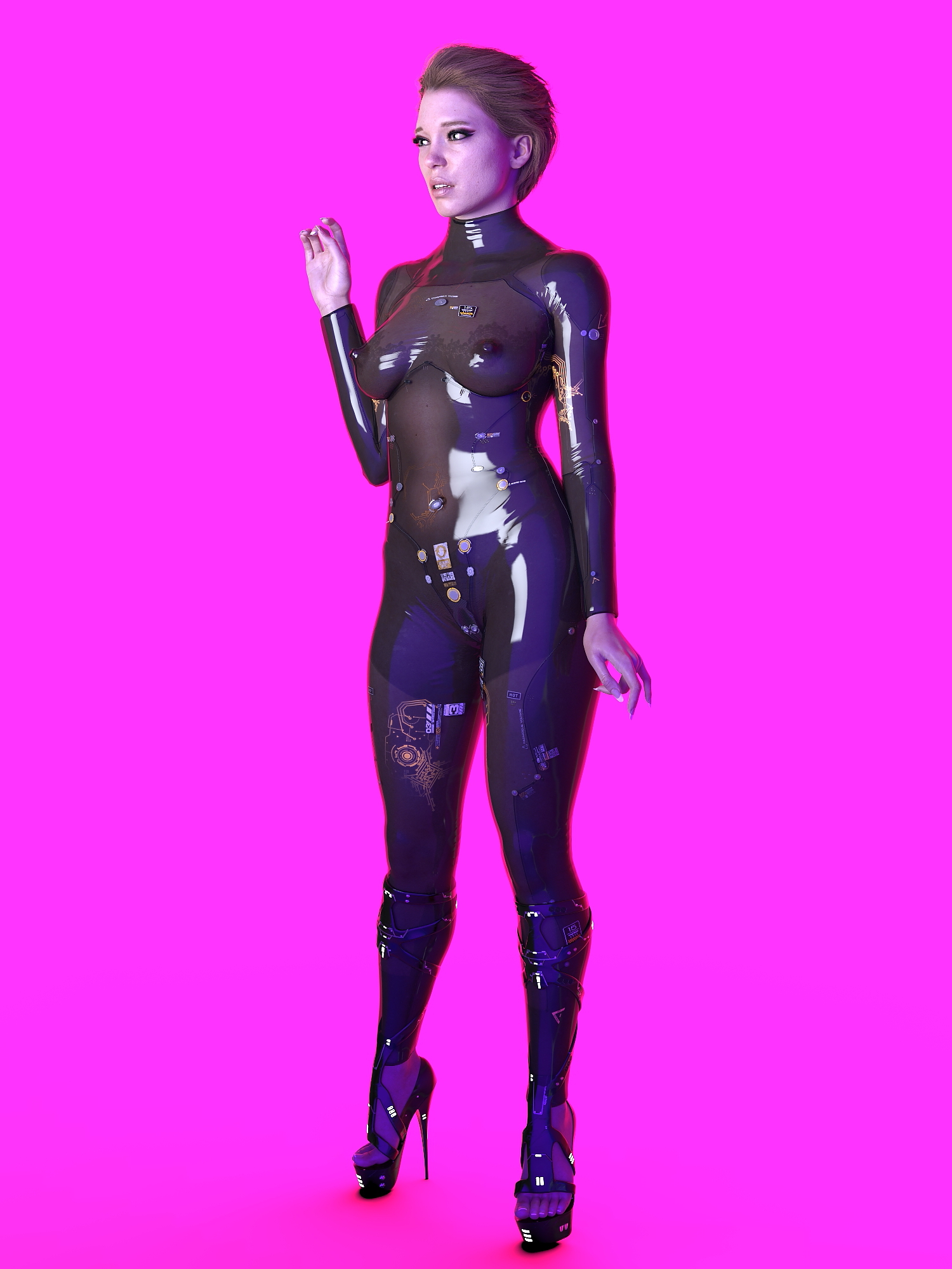 1girls, 3d, bodysuit, daz studio, death stranding, female, female only, fragile (death stranding), full body, high heels, lea seydoux, platform heels, see-through bodysuit, solo, very high heels, zauselzaus