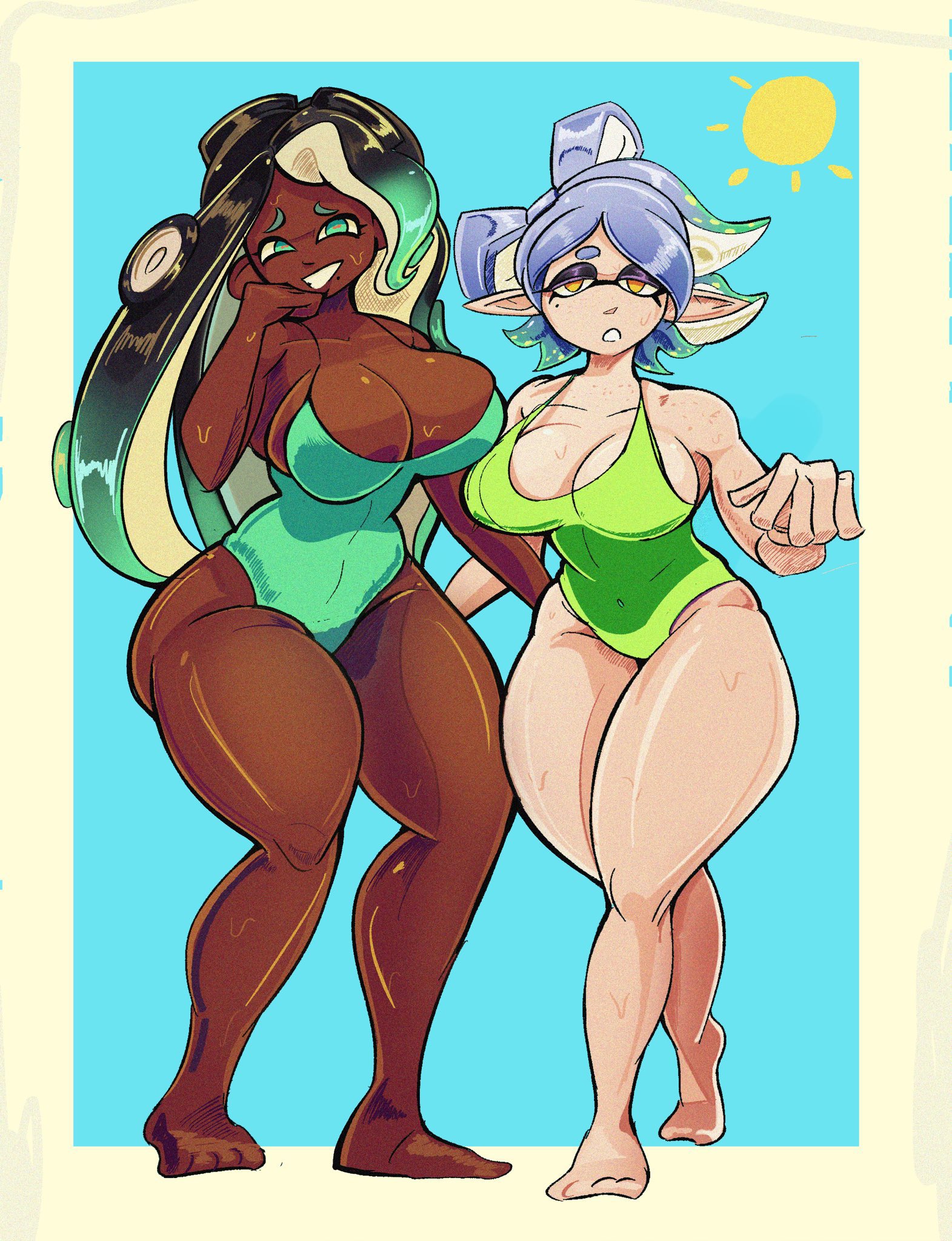 2girls, ass, ass grab, bananawithas, beach, big ass, big breasts, big hips, breasts, caucasian, caucasian female, clothed, clothed female, dark skin, dark-skinned female, female, female only, grabbing another's ass, grabbing ass, happy, happy female, humanoid, marie (splatoon), marina (splatoon), nintendo, octoling, octoling girl, octopus girl, octopus humanoid, smile, smiling, splatoon, swimsuit, tentacle hair, thick thighs