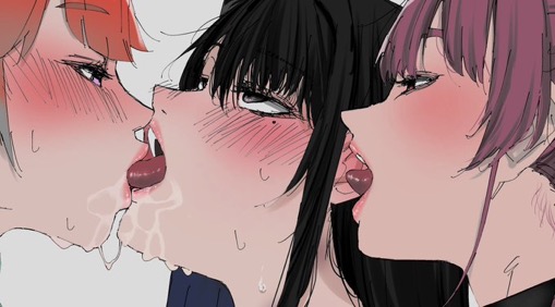 3girls, black hair, blush lines, carrot 011, female, hololive, hololive english, hololive english -advent-, hololive english -promise-, hololive myth, irys, irys (hololive), kissing, kissing ear, lesbian kiss, licking ear, long hair, looking at partner, looking pleasured, medium hair, mole under eye, nerissa ravencroft, orange hair, red hair, simple background, sloppy kiss, sucking tongue, takanashi kiara, upper teeth, virtual youtuber, white background, yuri