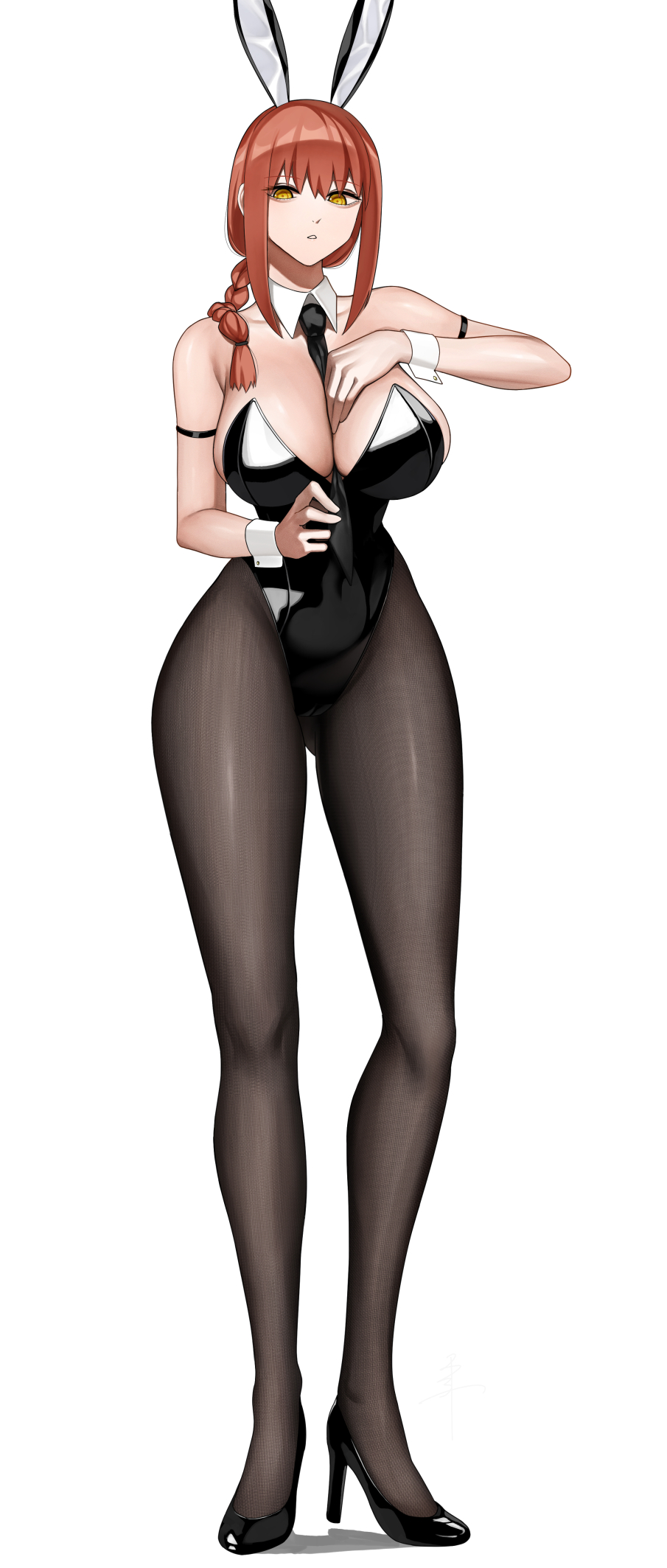 1girls, big breasts, braid, braided ponytail, breasts, bunnysuit, chainsaw man, female, female only, fit female, high heels, highres, hourglass figure, huge breasts, large breasts, leotard, light-skinned female, long legs, makima (chainsaw man), necktie, pantyhose, rabbit ears, red hair, ringed eyes, senju (snz0), slim waist, thick thighs, unusual pupils, wide hips, yellow eyes