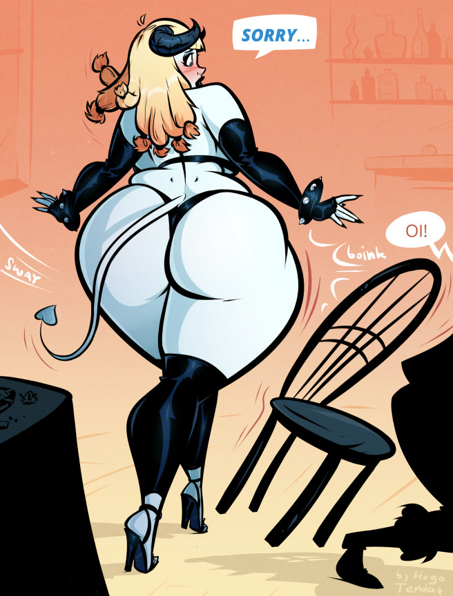 1boy 1boy1girl 1girls 2010s 2019 2019s accident accidentally_stuck apologizing artist_signature ass ass_focus bar_(place) bbw big_butt bimbo bimbofied blonde_female blonde_hair blue_body blue_skin blush blush_stickers bracelets caked_up chair child_bearing_hips comission demon demon_girl demon_humanoid demon_wings dumptruck_ass dumptruck_butt embarrassed fingerless_gloves fringe_bangs gluteal_fold heels high_heels hip_attack hip_check huge_ass hugotendaz humanoid jpg long_legs mascara massive_ass monster_girl oc original_character pinup simple_shading solo_female solo_focus spiked_bracelet swaying_hips thong voluptuous voluptuous_female wooden_chair
