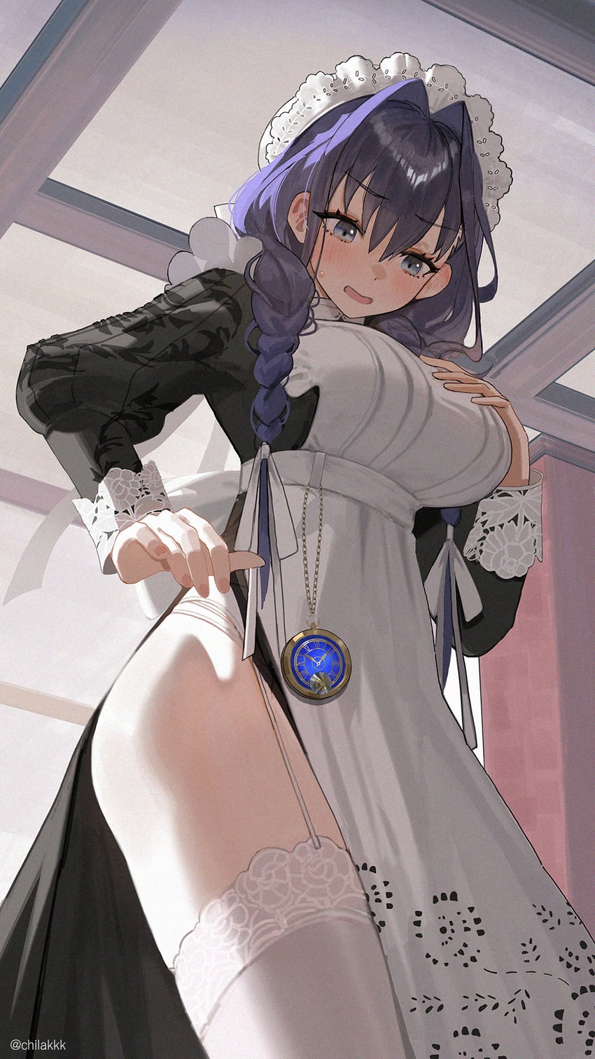 apron, black dress, blue eyes, blue hair, braid, breasts, chilakkk, commentary, dress, embroidery, empire waist, female, frilled apron, frilled hat, frills, garter belt, hair between eyes, hair intakes, hair over shoulder, hand on own chest, hat, highres, hololive, hololive english, hololive english -council-, hololive english -promise-, indoors, juliet sleeves, large breasts, long dress, long hair, long sleeves, low twin braids, maid, maid apron, mob cap, official alternate costume, official alternate hairstyle, open mouth, ouro kronii, ouro kronii (maid), panty straps, pocket watch, puffy sleeves, puritan collar, side slit, solo, thighhighs, twin braids, victorian maid, virtual youtuber, watch, white apron, white hat, white thighhighs
