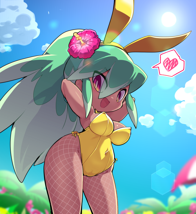 1girls armpits beach beachhime bunny_ears bunnysuit character_request cute female fishnets large_breasts leotard level-5 looking_at_viewer mint_hair nollety smiling tagme tan_skin yellow_bunnysuit yo-kai_watch youkai_watch