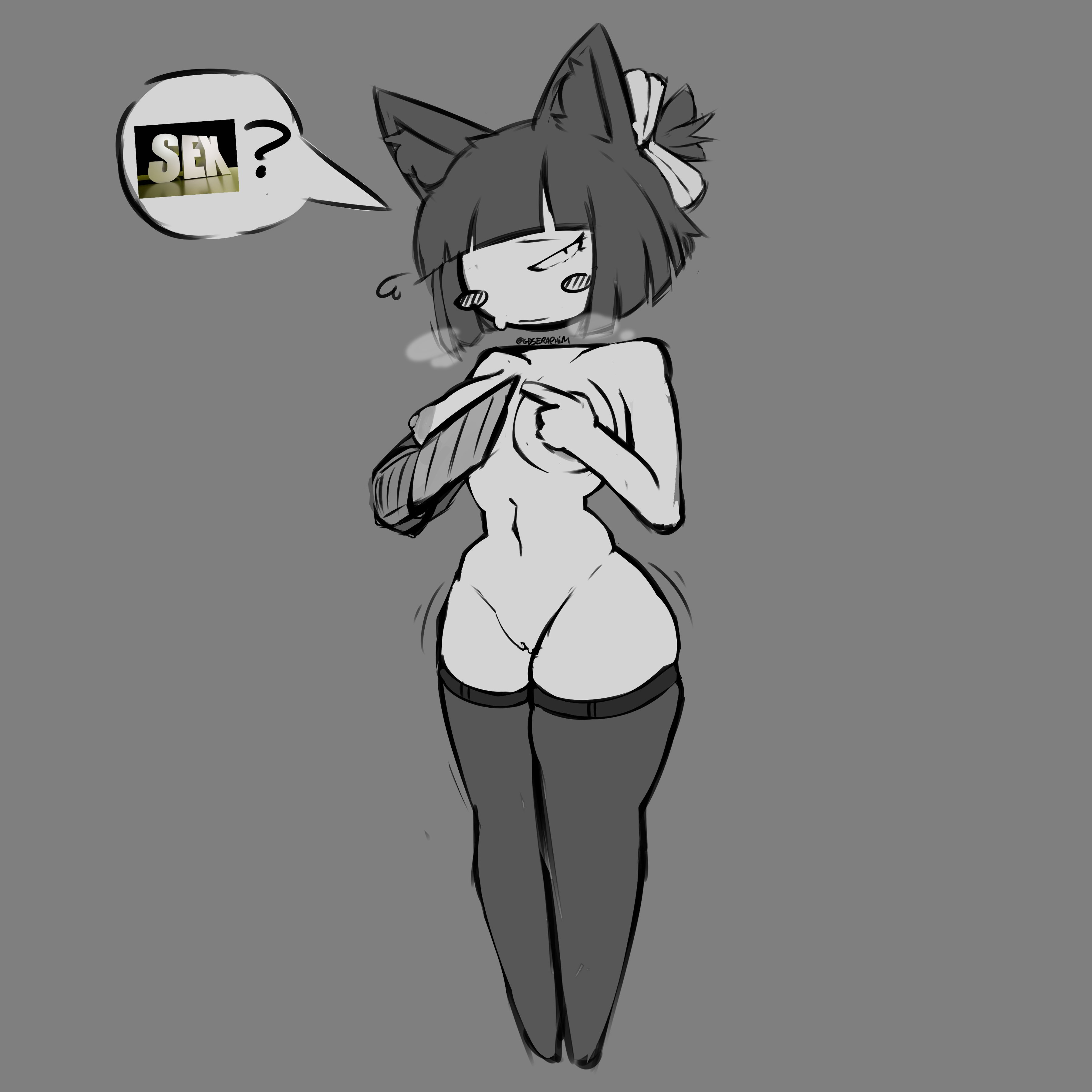 1girls, areola, areolae, asking for sex, black and white, black hair, blush, boxcutter, breasts, cat ears, cat girl, catgirl, doodle, female, female only, fidgeting, fundamental paper education, gdseraphim, miss bloomie (fundamental paper education), naked, naked female, nipples, nude, nude female, pussy, ribbon, steam, stockings, tagme, thick thighs