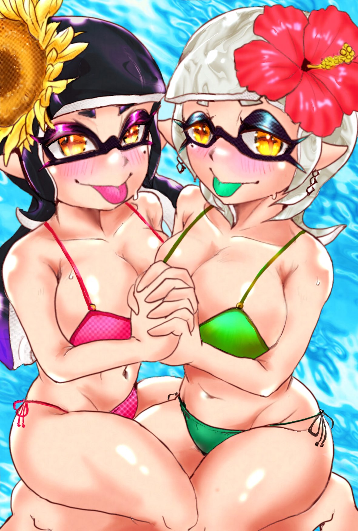2girls alternate_hairstyle bikini blush breasts callie_(splatoon) callie_(summer_nights) cleavage earrings female flower flower_in_hair green_bikini green_tongue hair hair_ornament inkling inkling_girl large_breasts long_hair looking_at_viewer marie_(splatoon) marie_(summer_nights) mazuo917 mole mole_under_eye navel nintendo official_alternate_hairstyle pink_bikini pointy_ears shiny_skin short_hair side-tie_bikini splatfest splatoon splatoon_3 summer_nights_splatfest swimsuit tentacle_hair thick_thighs thighs tongue tongue_out wet