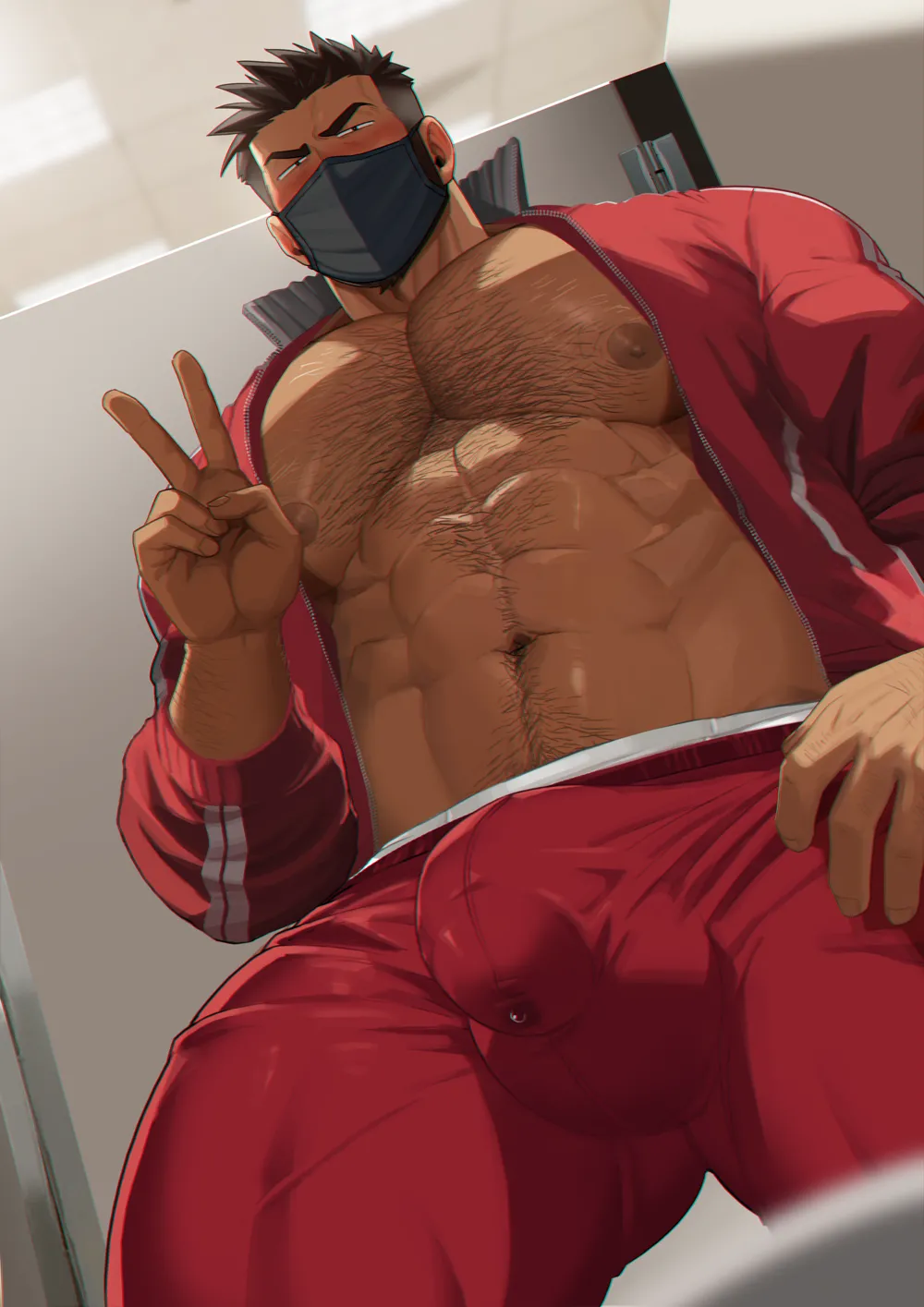 1boy, abs, absol (dkqthf), balls, balls under clothes, bara, bare pecs, beefy, big areola, big bulge, big pecs, big penis, black hair, blurry foreground, blush, broad shoulders, brown hair, bulge, bulge through clothing, ceiling, ceiling light, chest hair, covered mouth, daddy, depth of field, dilf, eight pack, filming, flaccid, freaky, frown, gay, genital outline, gesture, hairy, half-erect, happy trail, hi res, huge cock, huge pecs, hunk, indoors, jacket, jacket open, legs apart, looking at viewer, male, male only, maou abusorun, masculine male, mask, mature male, muscles, muscular, muscular legs, muscular male, muscular thighs, narrowed eyes, navel, oppai, original, original character, p.e. teacher, peace sign, pecs, penis, precum, precum drip, precum on penis, quadriceps, sanpaku, short hair, six pack, small pupils, solo, spiky hair, standing, surgical mask, teacher, thick eyebrows, thick neck, thick penis, tight clothing, toilet, tough guy, v-shaped eyebrows, yaoi