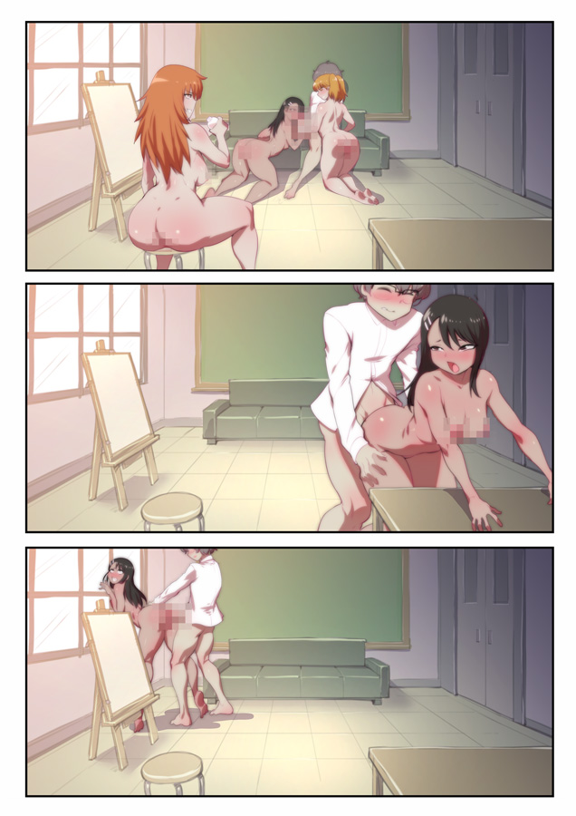 1boy, 3girls, alternate version available, ass, big ass, big breasts, big butt, black hair, bokuman, breasts, brown hair, censored, censored breasts, censored nipples, censored penis, censored pussy, embarrassed, female, gamo-chan, glasses, hayase nagatoro, long hair, male, mosaic censoring, multiple females, multiple girls, naoto hachioji (senpai), orange hair, penis, please don't bully me, nagatoro, pussy, sex, short hair, small breasts, tanned, tanned skin, yoshi (nagatoro)