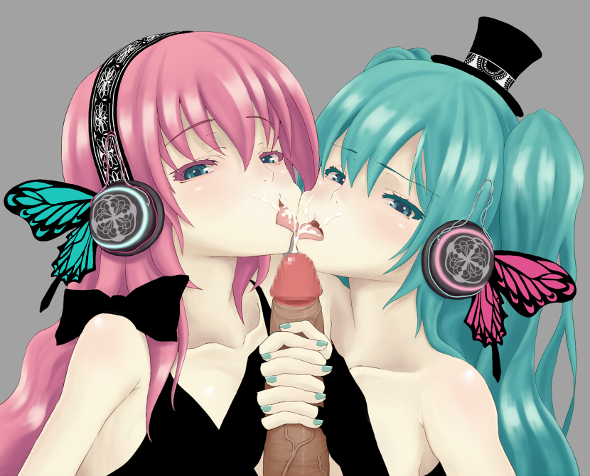 1boy 2d 2girls bangs black_bow black_dress blue_eyes blue_hair blue_nails blush bow butterfly_hair_ornament censored censored_penis color cum dark-skinned_male dark_skin dress eyebrows_visible_through_hair female female_focus grey_background hair_ornament hat hatsune_miku light-skinned_female light_skin long_hair magnet_(vocaloid) male megurine_luka mosaic_censoring nails open_mouth penis pink_hair tongue tongue_out tophat twintails veiny_penis vocaloid