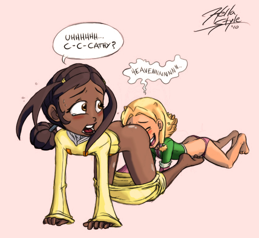 2girls ass ass_cleavage big_head blonde_hair bottomless brown_hair butt_crack butt_snuggle cathy_(monster_buster_club) dark-skinned_female dark_skin hellahellastyle human interracial monster_buster_club multiple_girls panties sam_(monster_buster_club) yellow_eyes yuri