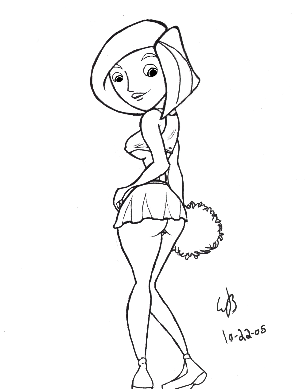 2005 ann_possible cheerleader disney disney_channel female female_only human kim_possible line_art medium_breasts monochrome pom_poms short_skirt smooth_skin solo tagme themushroomking underboob