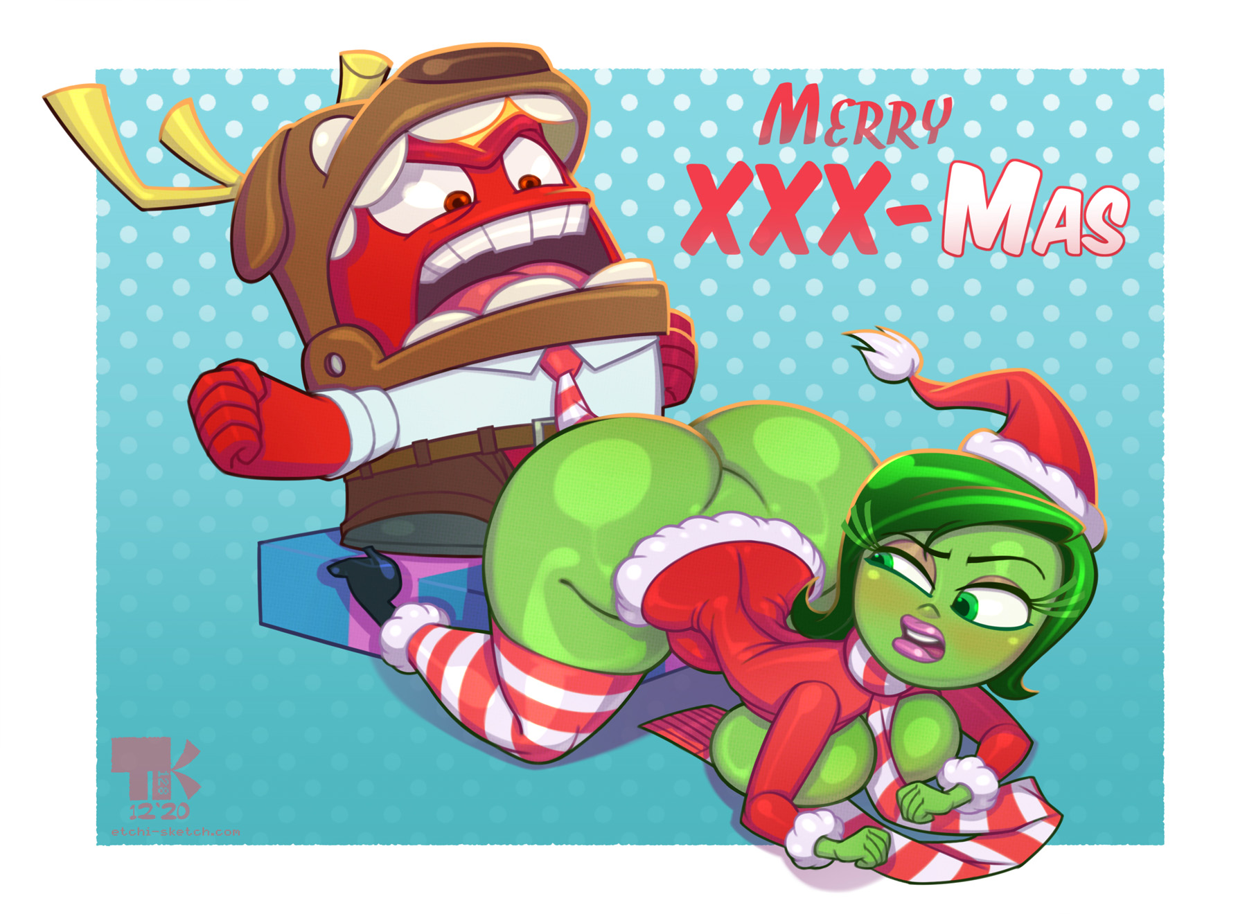 1boy, 1girls, all fours, anger (inside out), ass, big ass, breasts, christmas, disgust (inside out), disney, female, green hair, green skin, inside out, large ass, large breasts, makeup, male, pixar, sex, turk128