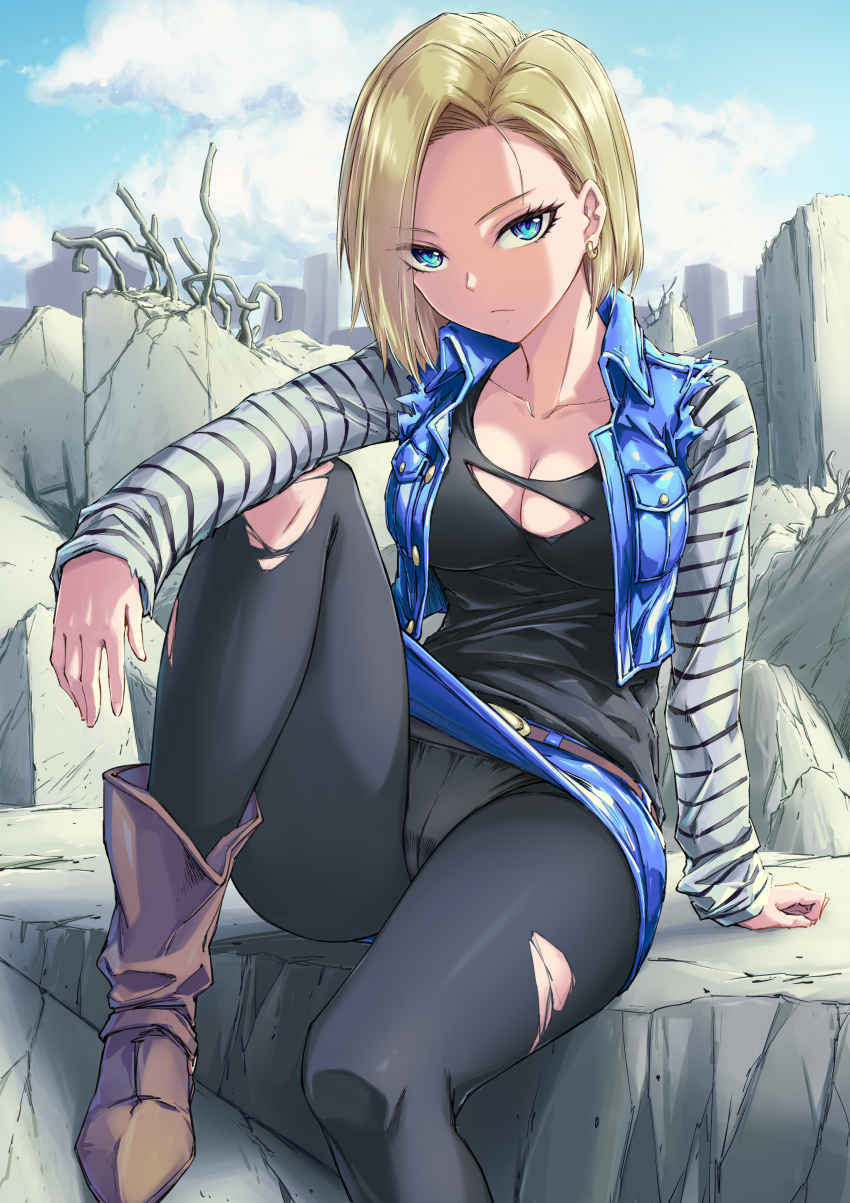 1girls android_18 blonde_hair blue_eyes boots breasts cleavage dragon_ball dragon_ball_gt dragon_ball_super dragon_ball_z earrings female fish.boy jacket looking_at_viewer milf pantyhose solo streetwear tagme torn_clothes