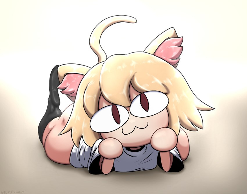 :3, 1girls, 2d, animal ears, butt out of frame, cat ears, cat girl, catgirl, cute, feet up, female, female only, melty blood, monster girl, neco-arc, on stomach, smile, solo, solo female, superbinario, tsukihime, type-moon