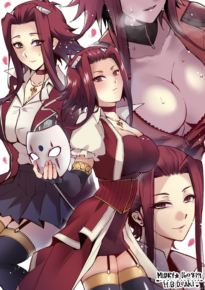 akiza izinski, black sleeves, black stockings, blush, breasts, brown eyes, female, garter straps, hair ornament, huge breasts, izayoi aki, long sleeves, looking at viewer, mask, mibry (phrysm), miniskirt, motorcycle suit, red hair, school uniform, schoolgirl, short hair, sleeves past elbows, smile, stockings, sweat, yu-gi-oh!, yu-gi-oh! 5d's