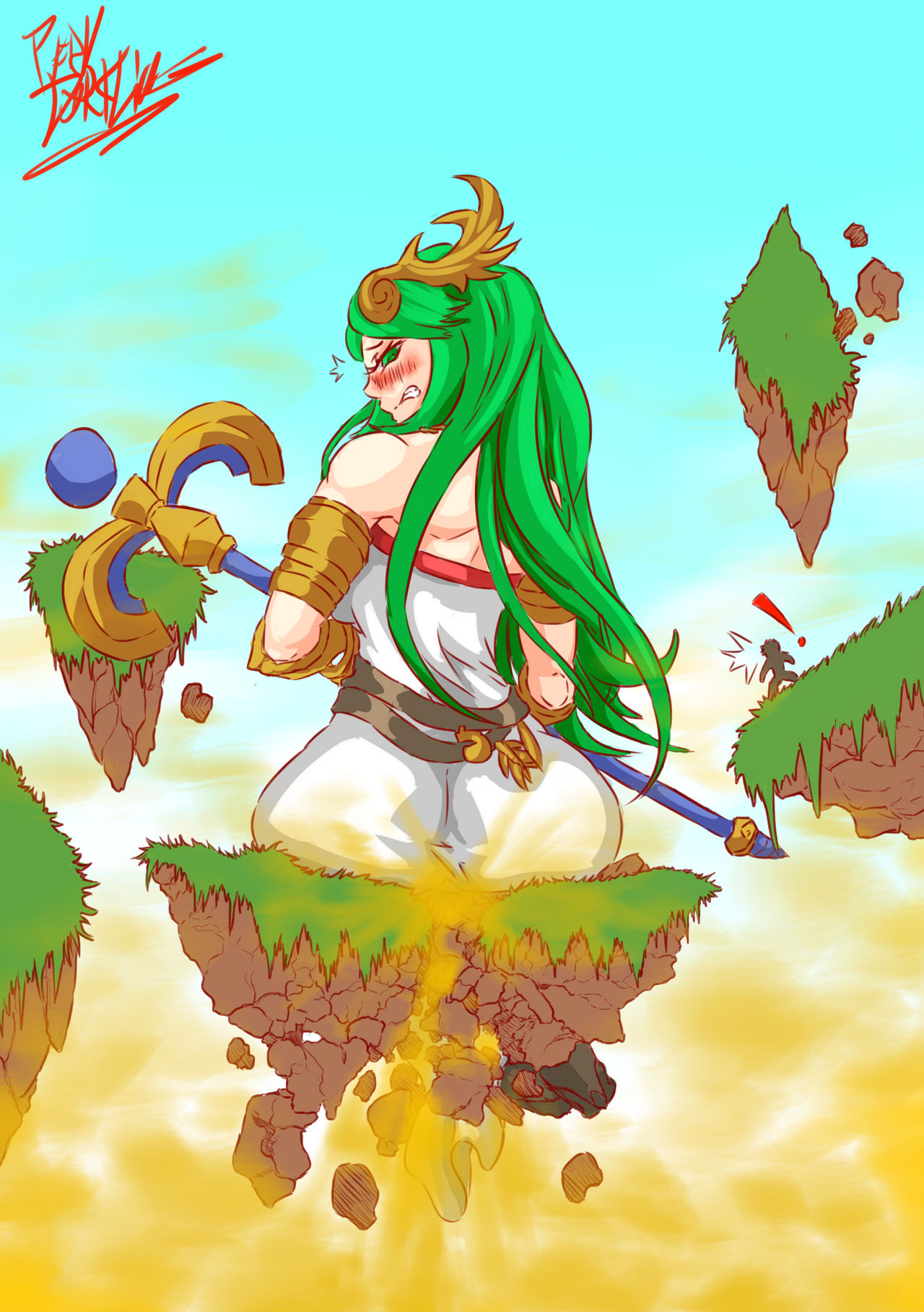 ! 1girls anon big_ass big_butt blush breaking_ground fart fart_cloud fart_everywhere fart_fetish farting floating_island giantess green_eyes green_hair kid_icarus looking_back nintendo palutena pervdarkling_(artist) sitting solo_female