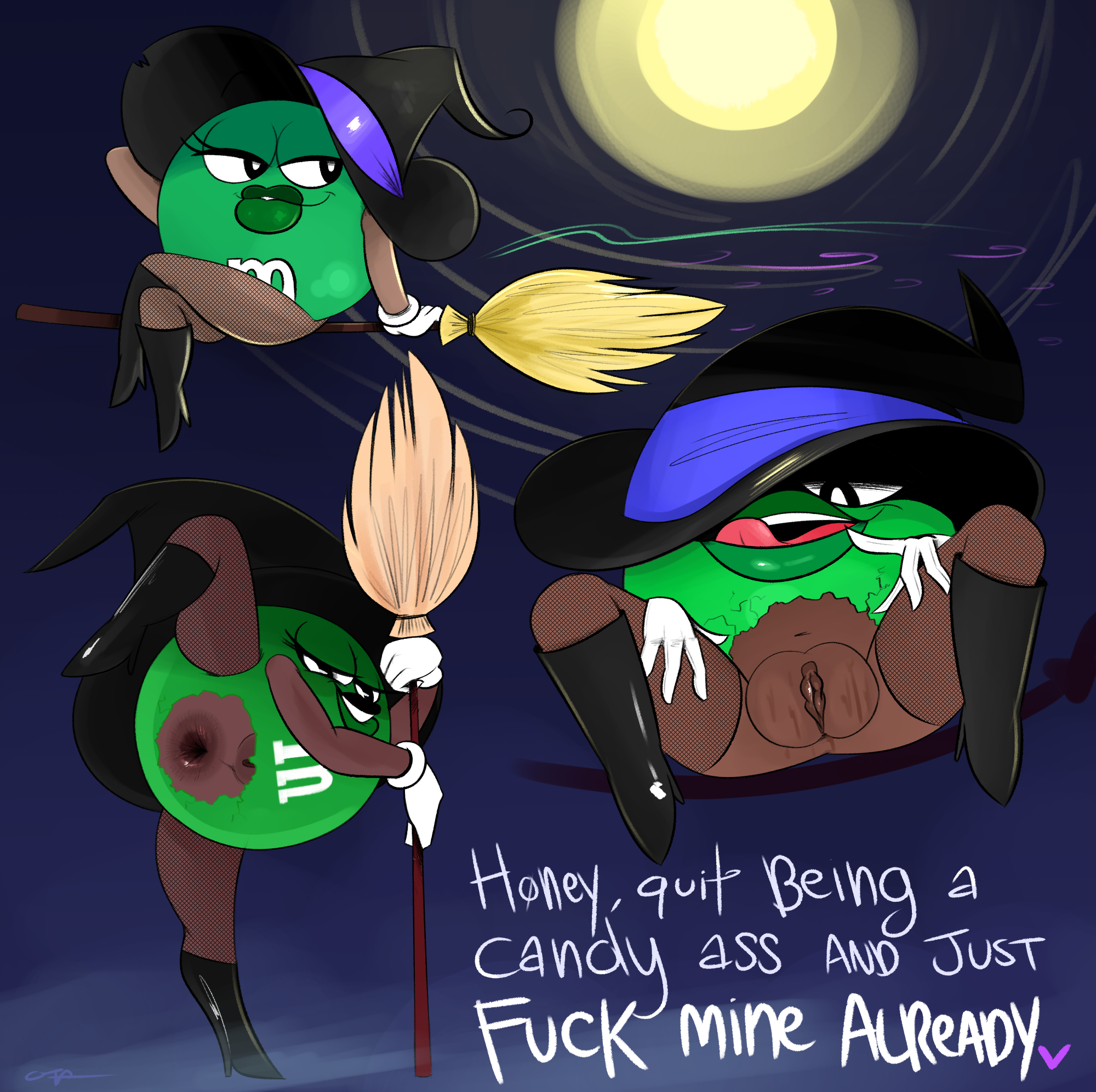 anus, big lips, broom, candy, chocolate, female, fishnets, halloween, halloween costume, m&m's, ms. green, ota (artist), plump labia, witch