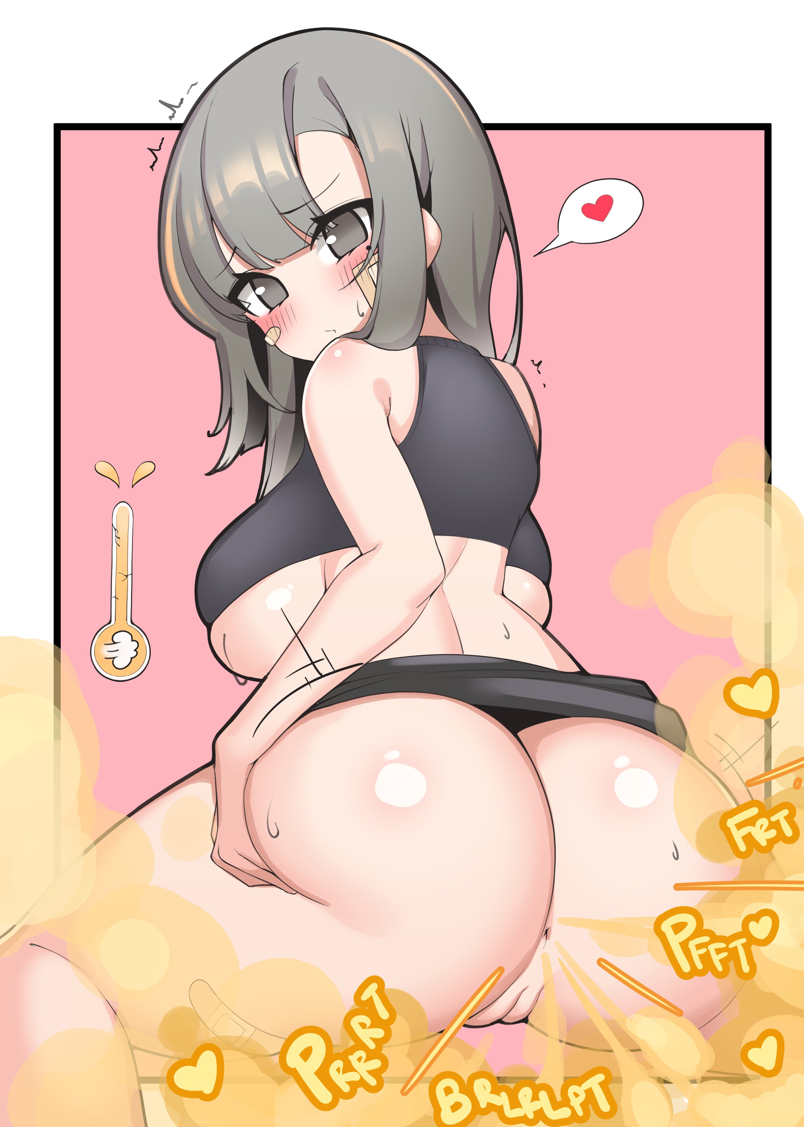 1girls, actfourteen, anus, ass, asshole, bandage, big ass, big breasts, big butt, blush, breasts, fart, fart cloud, fart fetish, farting, female, grabbing own ass, grey eyes, grey hair, heart, iljin (minggoo), iljin-chan (xx682567), looking at viewer, looking back, original, pink background, pussy, short hair, solo female, sweat, text bubble, thick thighs, underboob, vagina