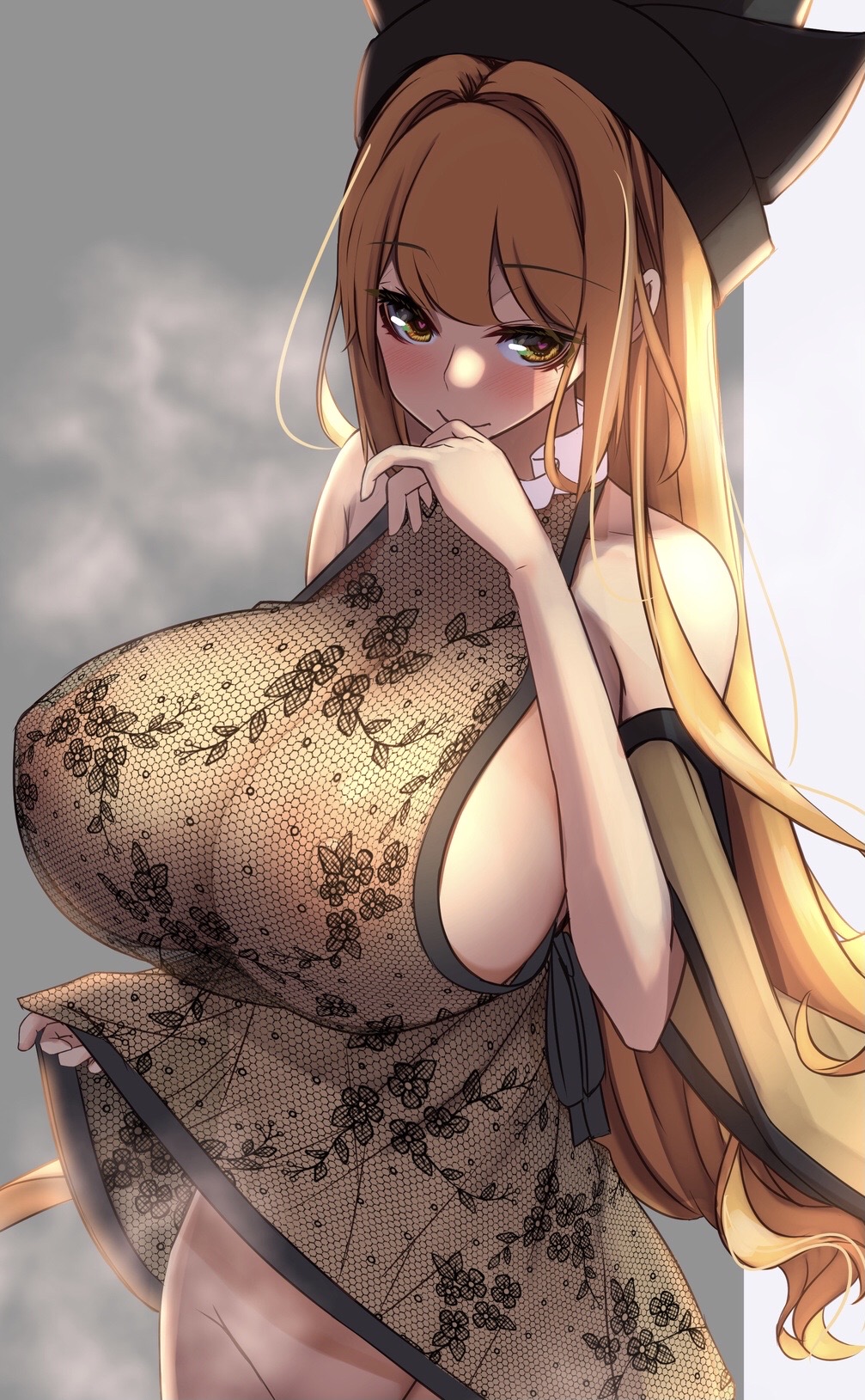 blonde_hair blush bottomless breasts clothes_lift covered_nipples female female_pubic_hair hat heart heart-shaped_pupils highres huge_breasts lifted_by_self long_hair looking_at_viewer nightgown nipples okina_matara pubic_hair see-through smile solo steaming_body symbol-shaped_pupils touhou yellow_eyes yukito_(dreamrider)