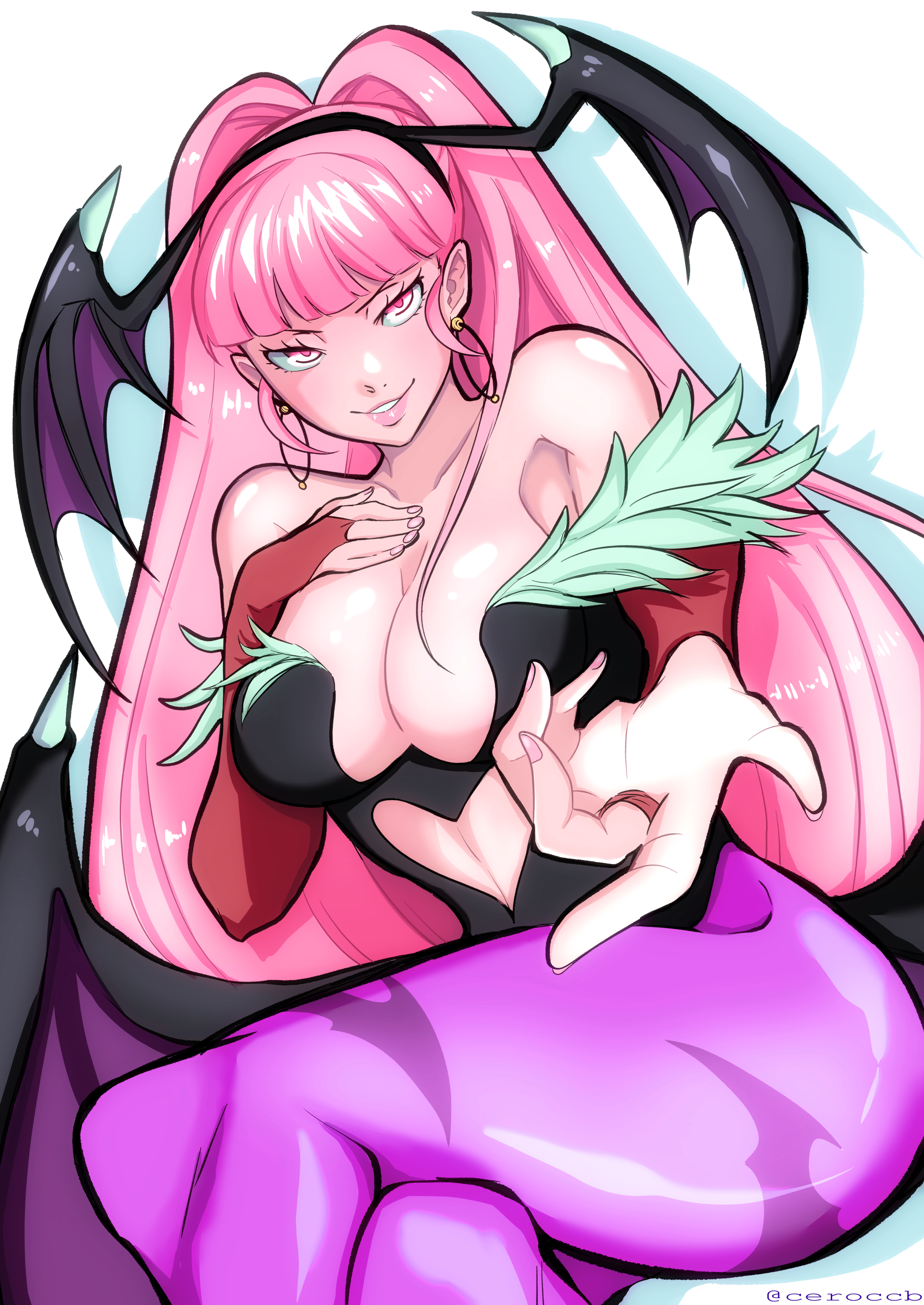 1girls, alternate costume, bangs, breasts, ceroccb, cleavage, clothing, cosplay, crossed legs, darkstalkers, demon, earrings, female, fire emblem, fire emblem: three houses, grin, hilda valentine goneril, large breasts, lipstick, long hair, looking at viewer, morrigan aensland (cosplay), nail polish, nintendo, pink hair, pink lipstick, pink nails, pink nipples, ponytail, reaching out, smile, solo, succubus, thick thighs, very long hair