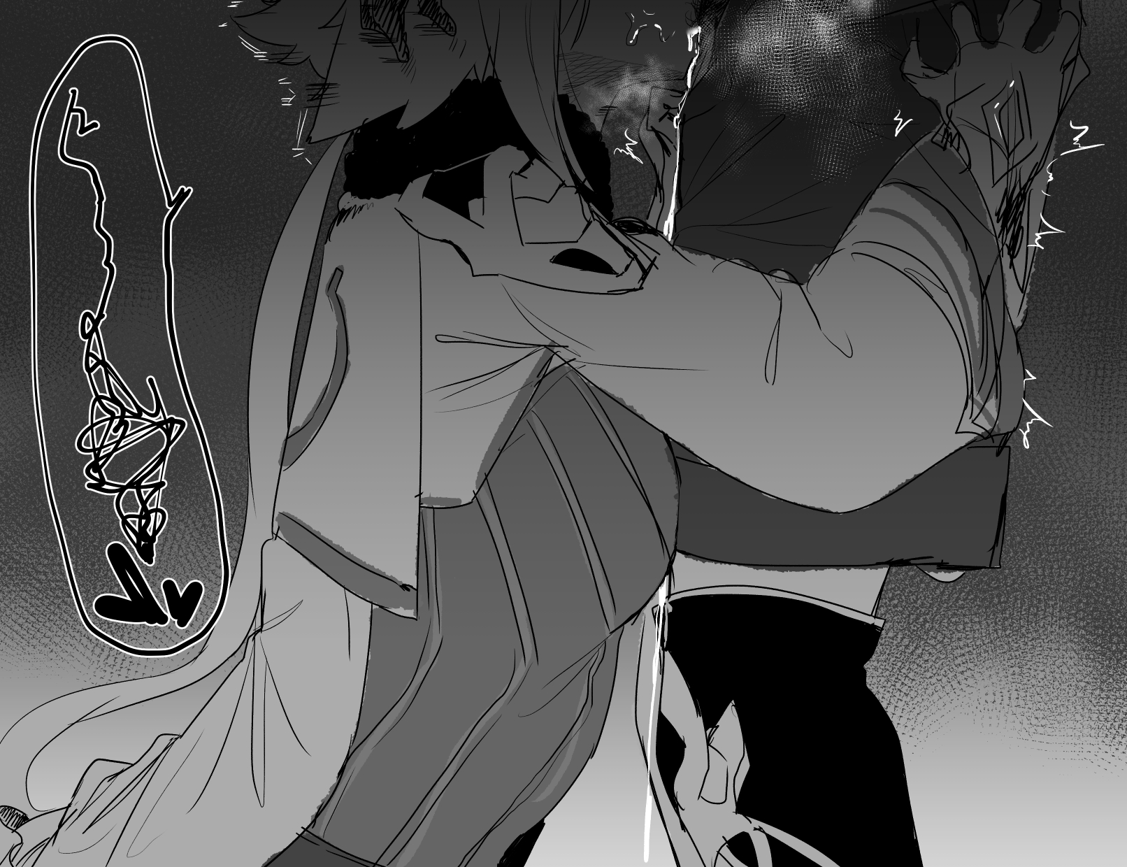 1boy, 1girls, albedo (genshin impact), blowjob, breasts, clothed, clothed female, cum, cum in mouth, cum inside, cum string, deepthroat, fellatio, female, genshin impact, kneeling, light skin, light-skinned female, male, monochrome, okpriko, oral, small breasts, sucrose (genshin impact), trembling