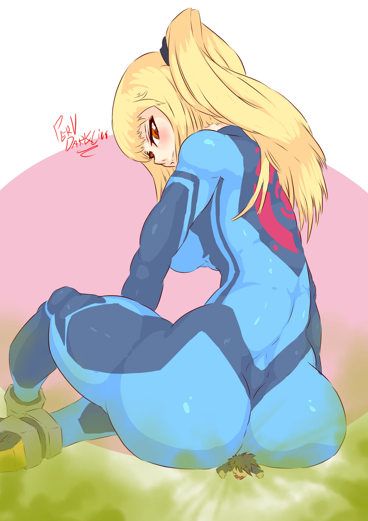 1boy 1girls big_ass big_butt blonde_hair blush brown_eyes fart fart_cloud fart_fetish farting little_guy looking_back metroid micro nintendo pervdarkling_(artist) ponytail samus_aran sitting_on_person thick_thighs visible_stench