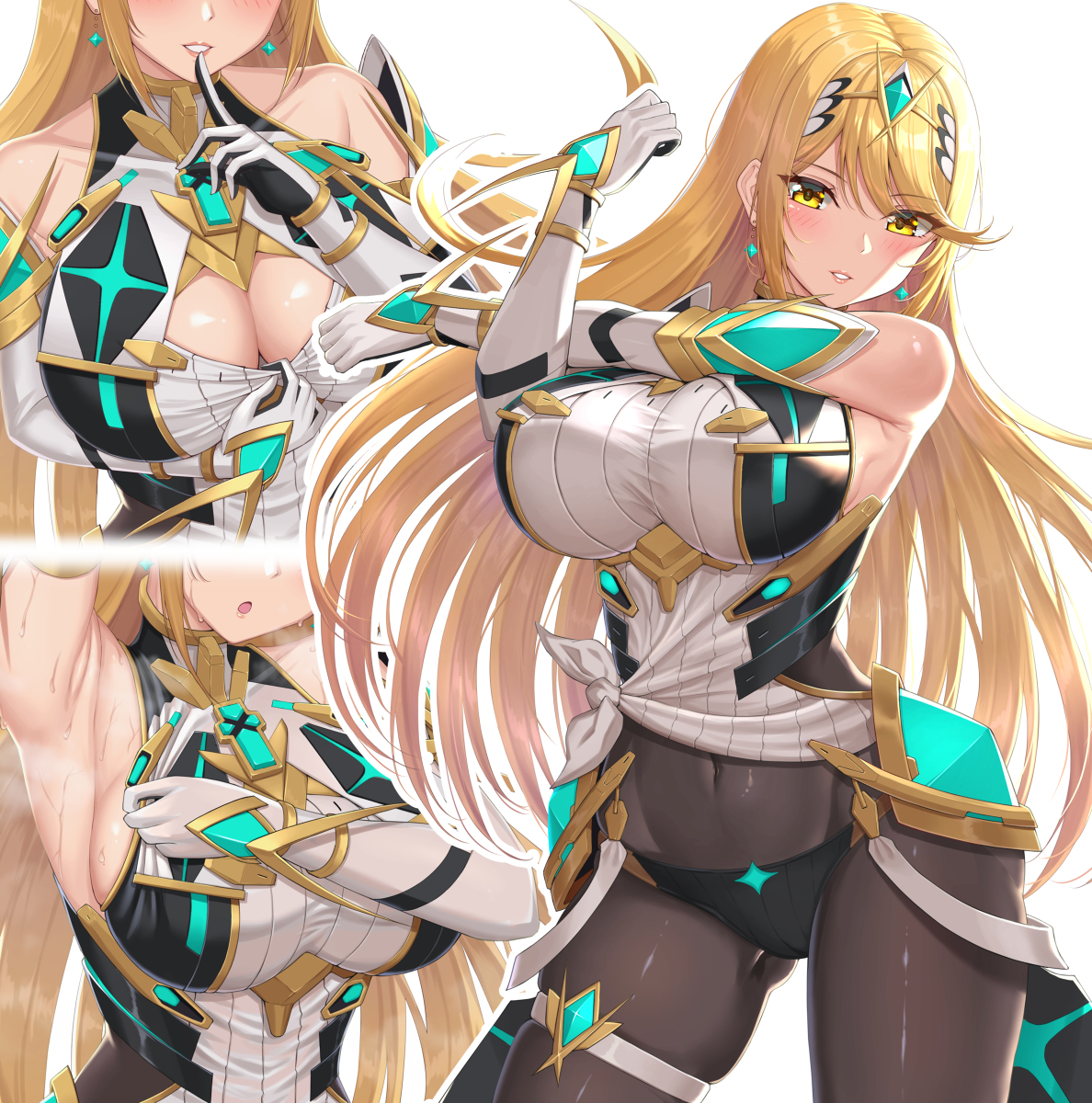 1girls, abs, big breasts, big thighs, blonde hair, blush, breasts, clothing, female, female only, long hair, mythra, nintendo, panels, shirt pull, solo, solo female, sssemiii, super smash bros., super smash bros. ultimate, xenoblade (series), xenoblade chronicles 2