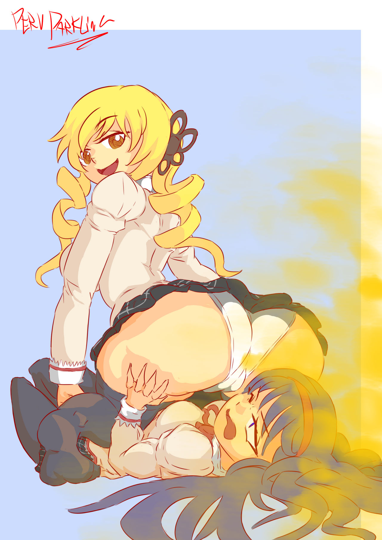 2girls akemi_homura ass_grab big_ass big_butt black_hair blonde_hair drill_hair eyebrows_visible_through_hair fart fart_cloud fart_fetish farting farting_in_face femdom headband long_sleeves looking_back mahou_shoujo_madoka_magica mami_tomoe multiple_girls only_female panties pervdarkling_(artist) puella_magi_madoka_magica purple_hair skirt smile thick_thighs thighhighs tomoe_mami underwear white_panties yellow_eyes yuri