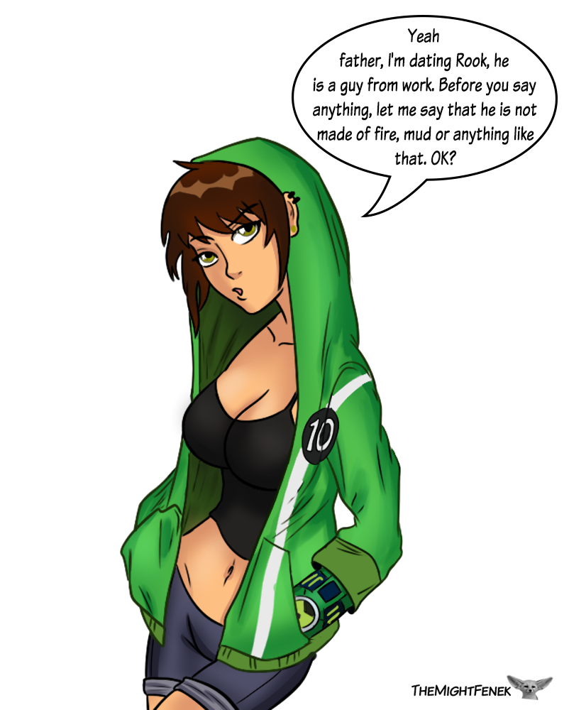 1girls ben_10 ben_10_ultimate_alien ben_tennyson big_breasts brown_hair cleavage denim_shorts earrings female female_ben female_focus female_only fully_clothed genderswap genderswap_(mtf) green_eyes hands_in_pockets hoodie hourglass_figure omnitrix parted_lips rule_63 shorts solo talking_to_another tank_top themightfenek transparent_background ultimatrix