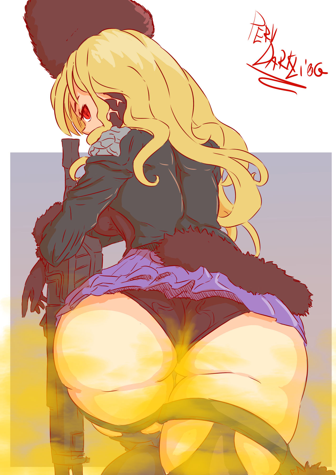 1girls big_ass big_butt black_panties blonde_hair code_vein fart fart_cloud fart_fetish farting gun looking_at_viewer looking_back mia_karnstein panties pervdarkling_(artist) red_eyes solo_female thick_thighs