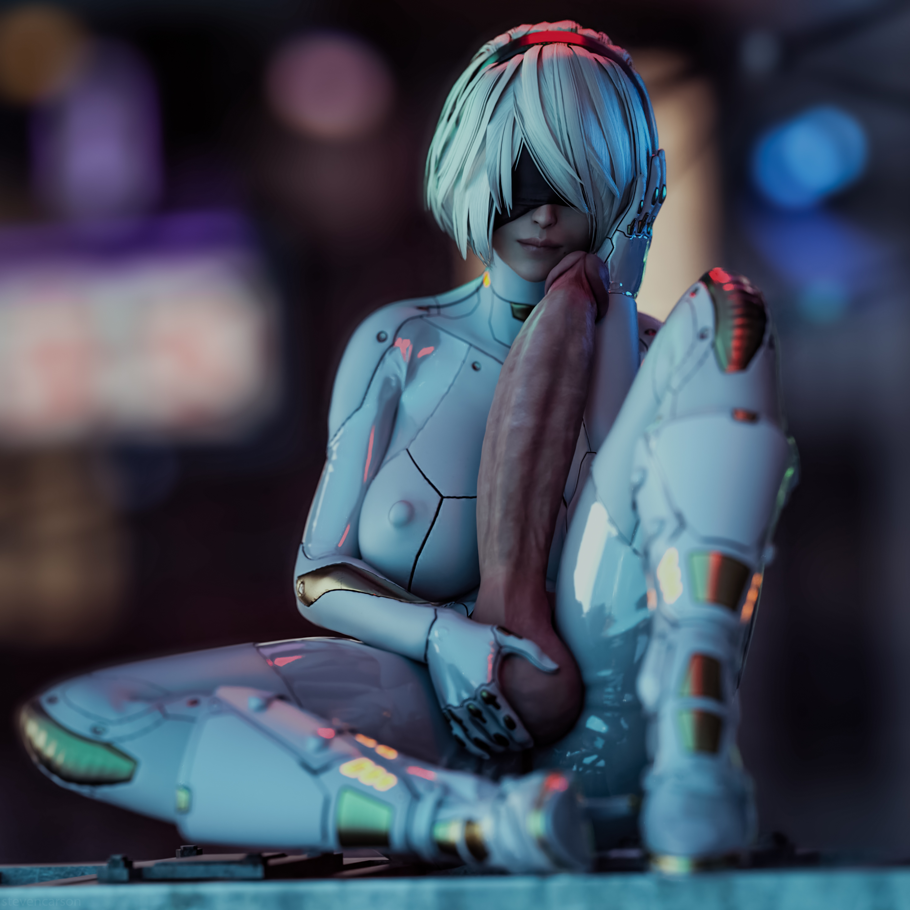 1futa, 3d, balls, balls fondling, balls grab, big balls, big breasts, big penis, blindfold, bodysuit, breasts, erect nipples, erect penis, erection, futa only, futanari, hairband, holding balls, huge cock, hyper, hyper penis, intersex, light skin, light-skinned futa, looking at viewer, nier: automata, nipples, penis, solo, stevencarson, testicles, white hair, yorha 2b