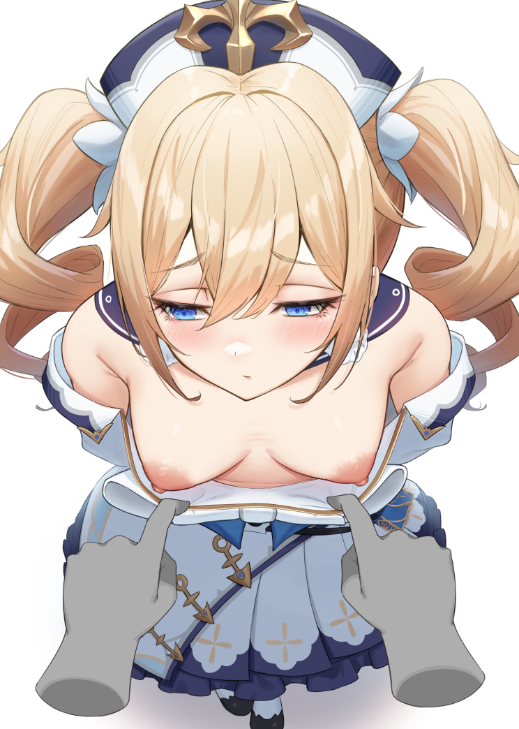 1girls, assisted exposure, barbara (genshin impact), barefoot, blonde hair, blue eyes, blush, breasts, dress, dress pull, embarrassed, erect nipples, female, genshin impact, gohei (aoi yuugure), half-closed eyes, hat, medium breasts, nipples, no bra, nun, pov, puffy nipples, twintails