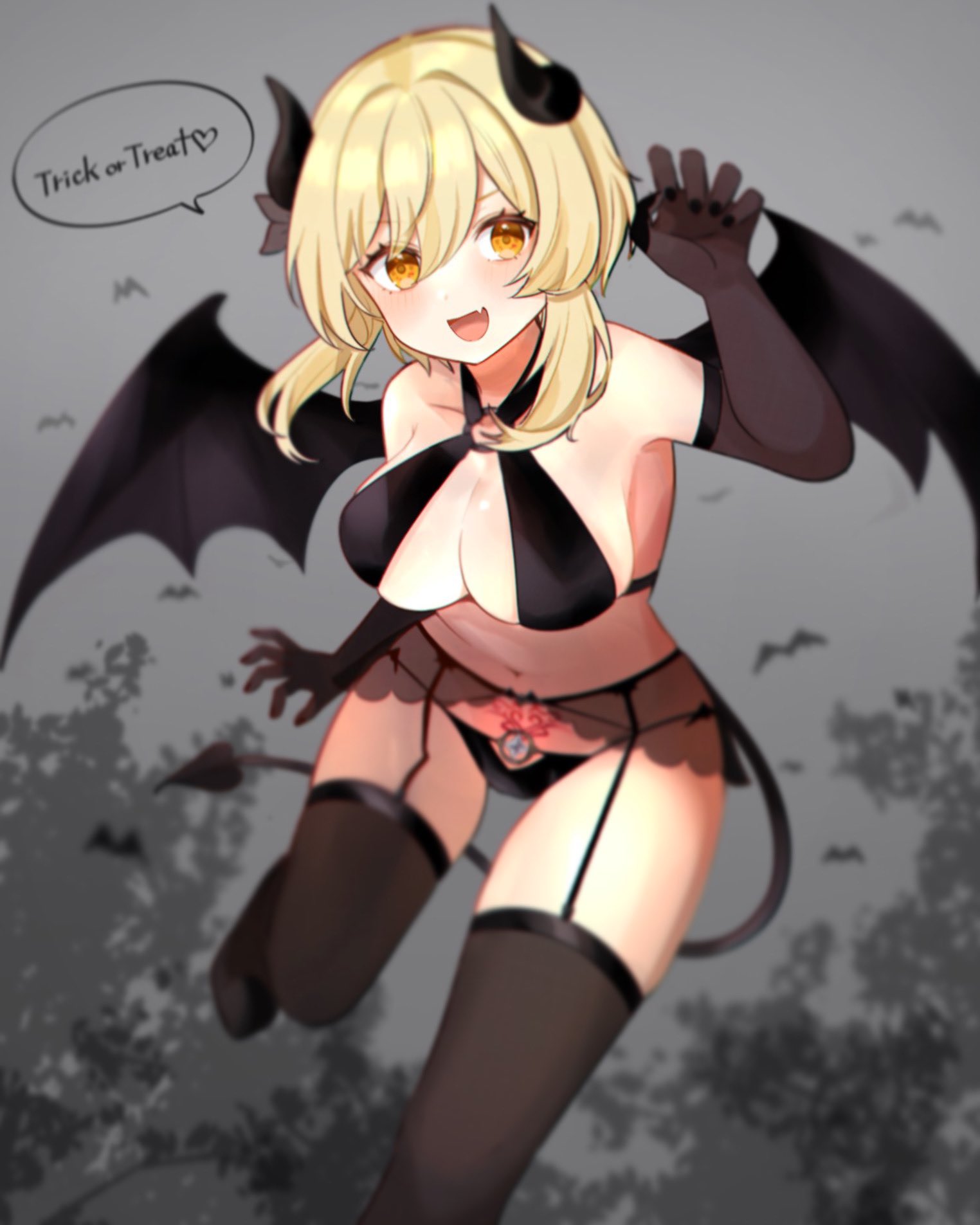 1girls, big breasts, black stockings, black thighhighs, blonde hair, blush, breasts, cleavage, cute, cute fang, demon, demon girl, demon horns, demon tail, demon wings, english text, female, garter belt, garter straps, genshin impact, halloween, halloween costume, heart, hi res, kurogesyadu, lumine (genshin impact), revealing clothes, smile, speech bubble, stockings, stomach tattoo, succubus, succubus tattoo, tattoo, thighhighs, yellow eyes