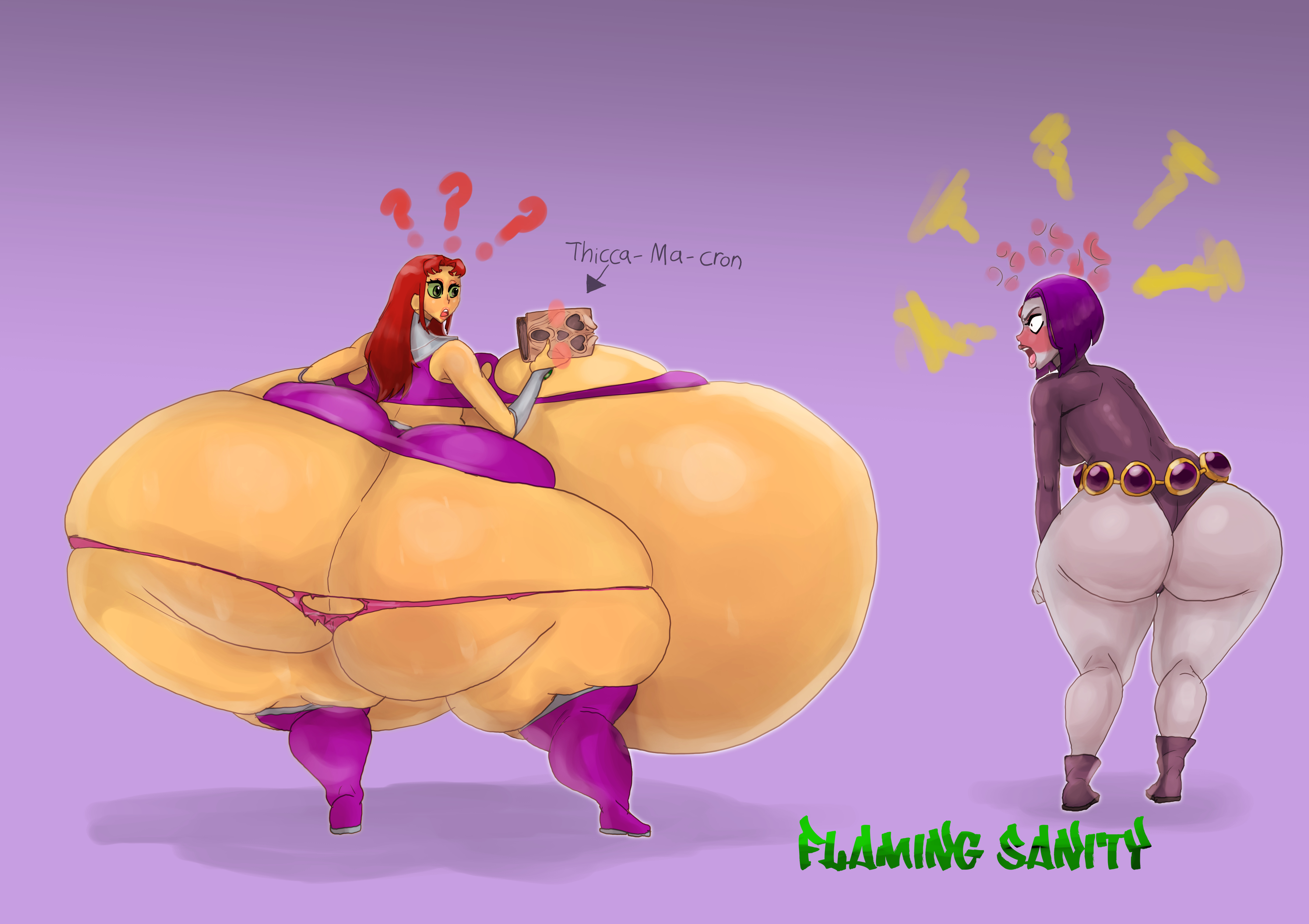???, 2girls, ass, ass cleavage, ass crack, behind view, book, breasts, butt crack, cartoon network, confused, confused look, dc, dc comics, female, female focus, female only, flamingsanity, green eyes, hips, hyper, hyper ass, hyper breasts, large ass, large breasts, purple hair, raven (dc), red hair, ripped clothing, short skirt, simple background, skirt, starfire, teen titans, thick thighs, thighs, wardrobe malfunction, wide hips