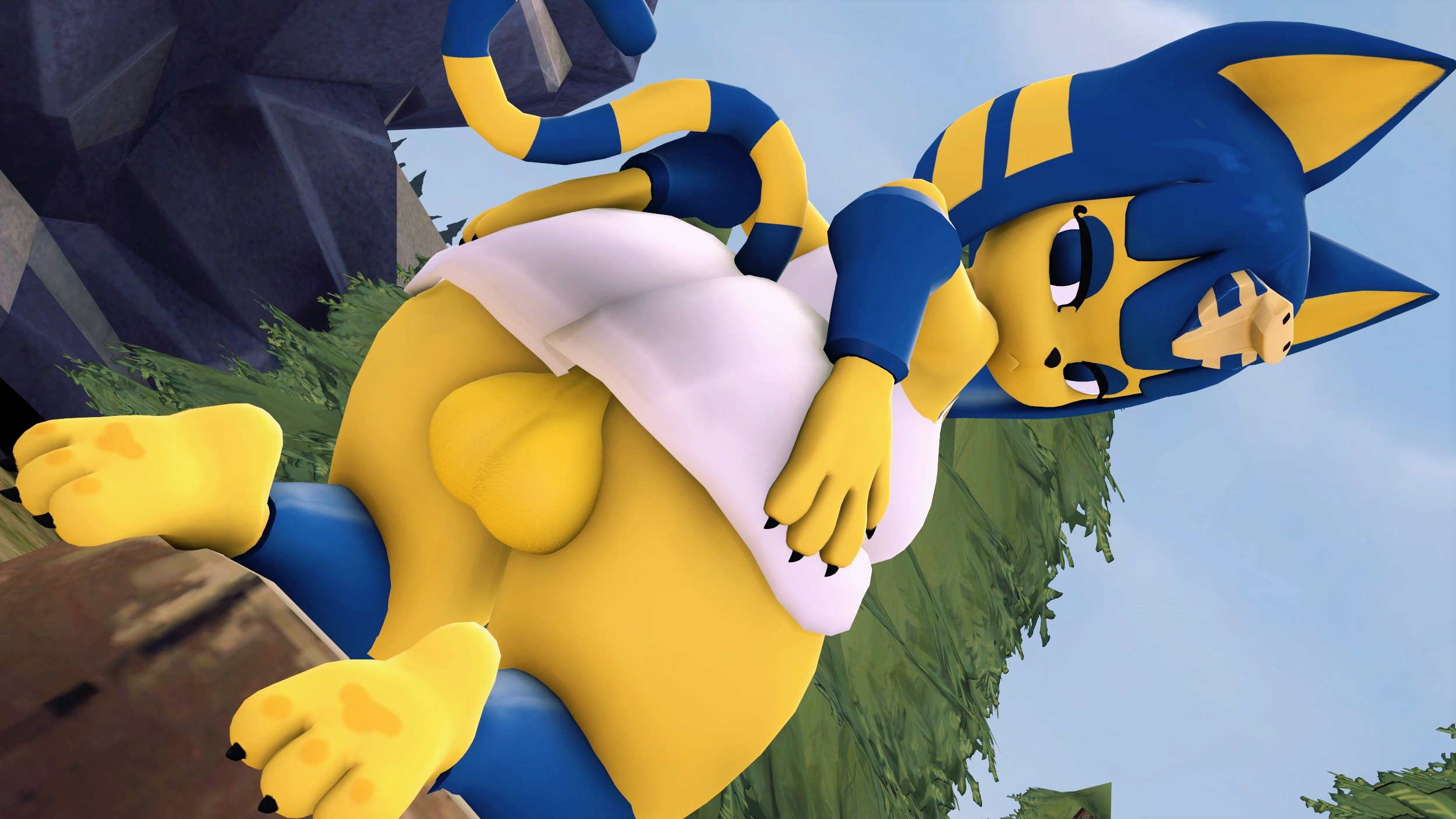 1futa, 3d, 3d (artwork), 3d model, animal crossing, animal ears, ankha, ankha (animal crossing), ankha (hazeker), anthro, ass, balls, big balls, blue hair, cat girl, catgirl, doubutsu no mori, dress, dress lift, egyptian, feet, feline, female, furry, futa only, futanari, hand on ass, hazeker, huge ass, intersex, looking at viewer, mr chazz80, nairu (doubutsu no mori), nintendo, presenting, self upload, short hair, solo, source filmmaker, tagme, testicles, yellow body, yellow fur