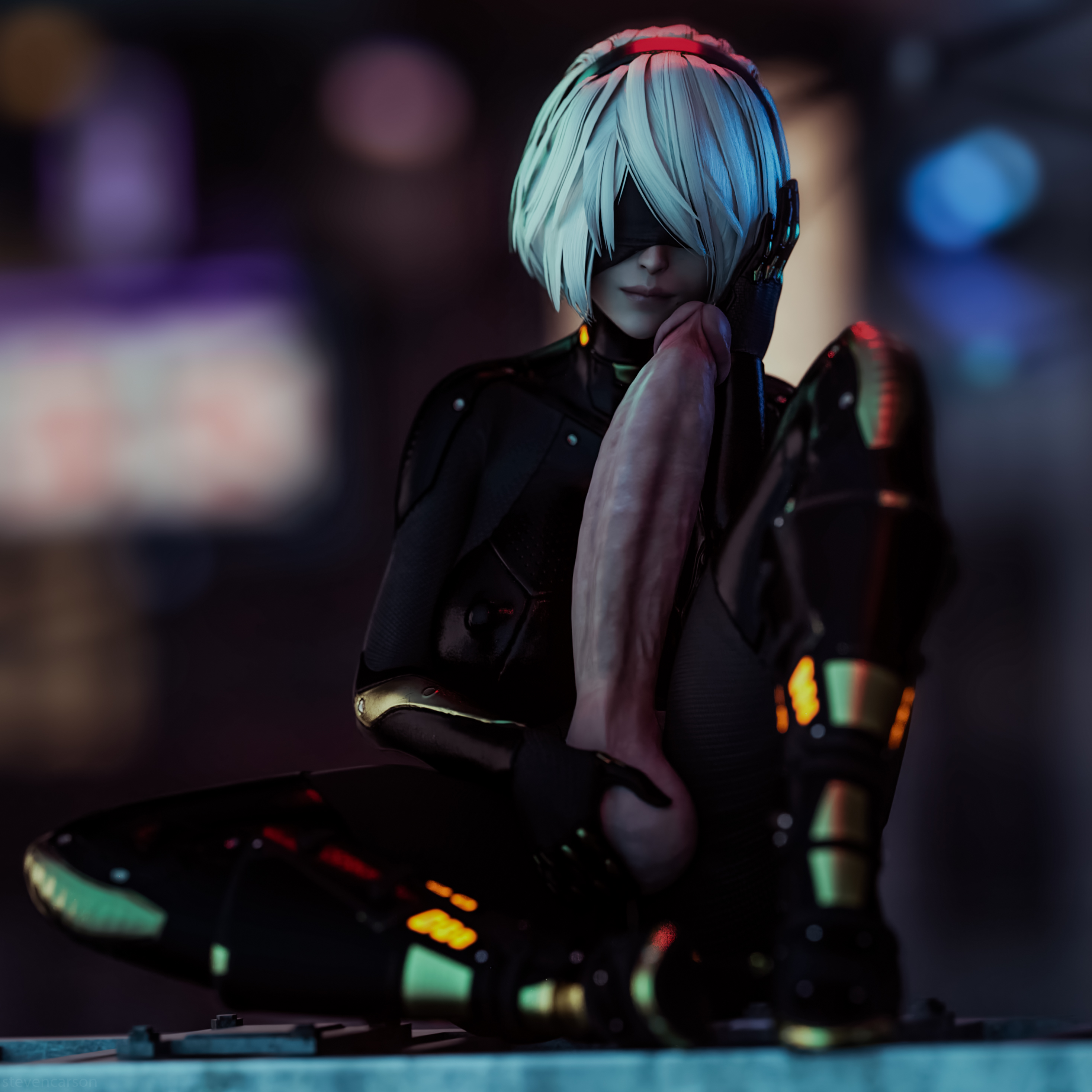 1futa, 3d, balls, balls fondling, balls grab, big balls, big breasts, big penis, blindfold, bodysuit, breasts, erect nipples, erect penis, erection, futa only, futanari, hairband, holding balls, huge cock, hyper, hyper penis, intersex, light skin, light-skinned futa, looking at viewer, nier: automata, nipples, penis, solo, stevencarson, testicles, white hair, yorha 2b
