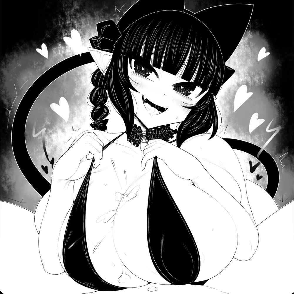 2_tails animal_ears bikini blunt_bangs blush braid breasts cat_ears cat_girl cat_tail cleavage commentary_request detached_collar female greyscale haseru_(ginku_mh) heart heart-shaped_pupils huge_breasts kaenbyou_rin looking_at_viewer monochrome multi_ear multi_tail navel nekomata paizuri pointy_ears pov rin_kaenbyou side_braids solo_focus sweat swimsuit symbol-shaped_pupils tail thighhighs touhou twin_braids