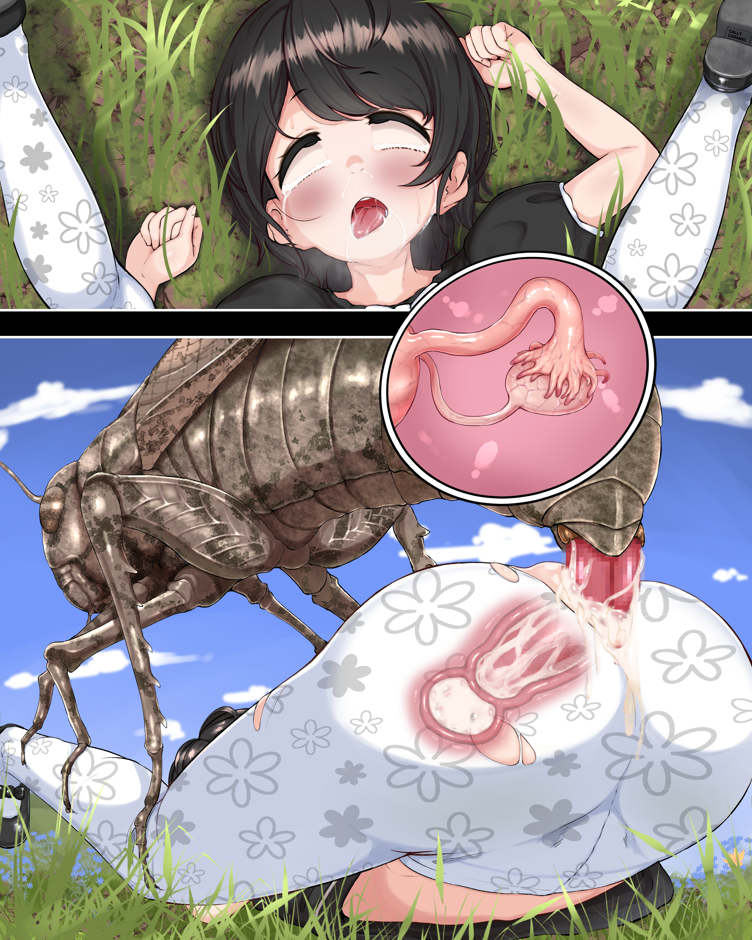 1girls, ass, blush, broken rape victim, carrot caramel batake, censored, clothed sex, clothing, cross section, cum, cum in pussy, cum in uterus, cum inside, defeated, dubious consent, eyes rolling back, fallopian tubes, female, fly, horsehair worm, insect, insectophilia, insects, interspecies, leggings, legwear, long hair, male, monster, mosaic censoring, open mouth, ovaries, parasite, penetration, pussy, questionable consent, rape, sex, spread legs, tears, torn clothes, uterus, vaginal penetration, white legwear, womb, x-ray, zoophilia