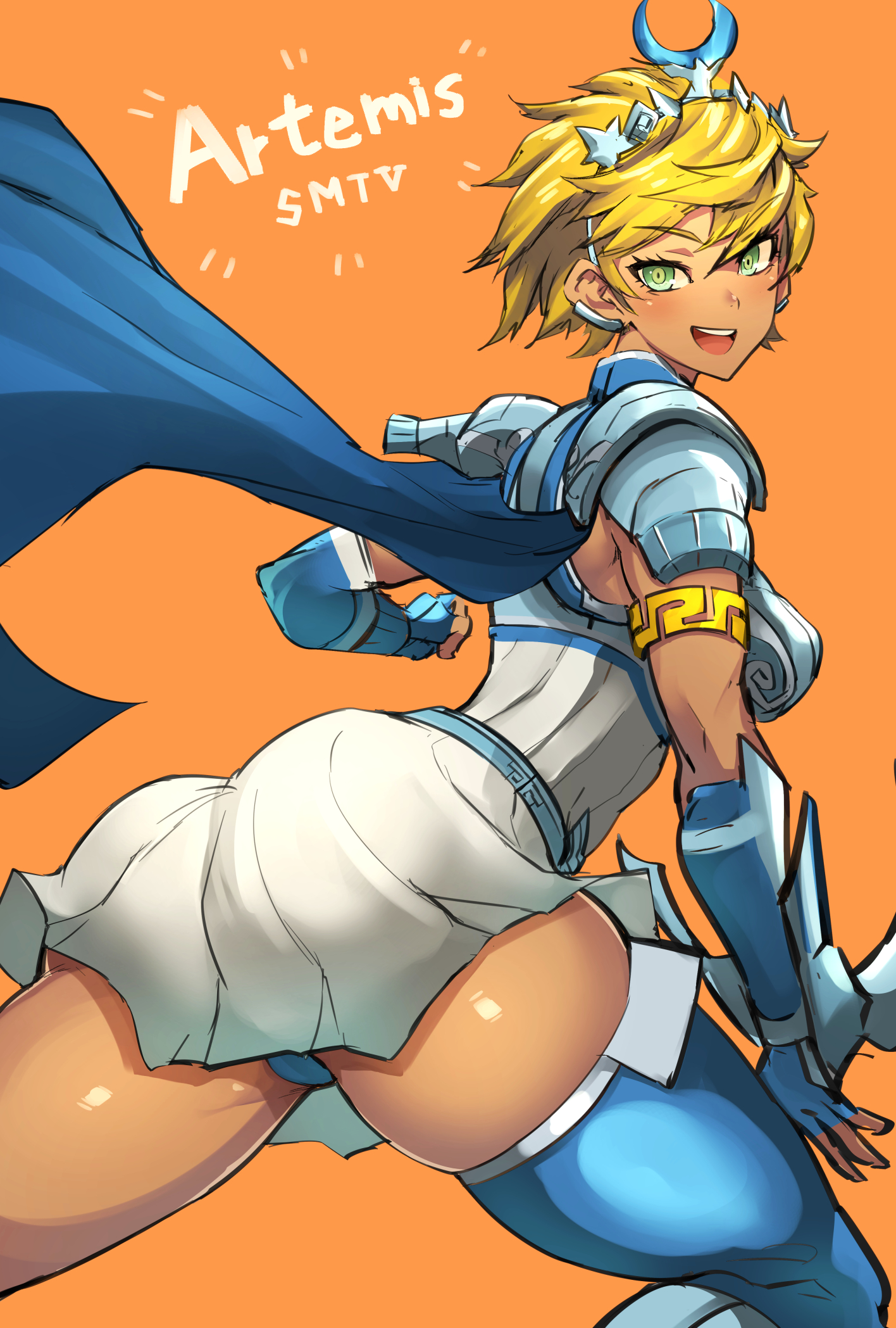 1girls, artemis (megami tensei), ass, atlus, blonde hair, deity, european mythology, female, female only, goddess, greek mythology, looking back, megami tensei, mythology, nuezou, public domain, shin megami tensei, shin megami tensei v, short hair, solo, thick thighs, upskirt