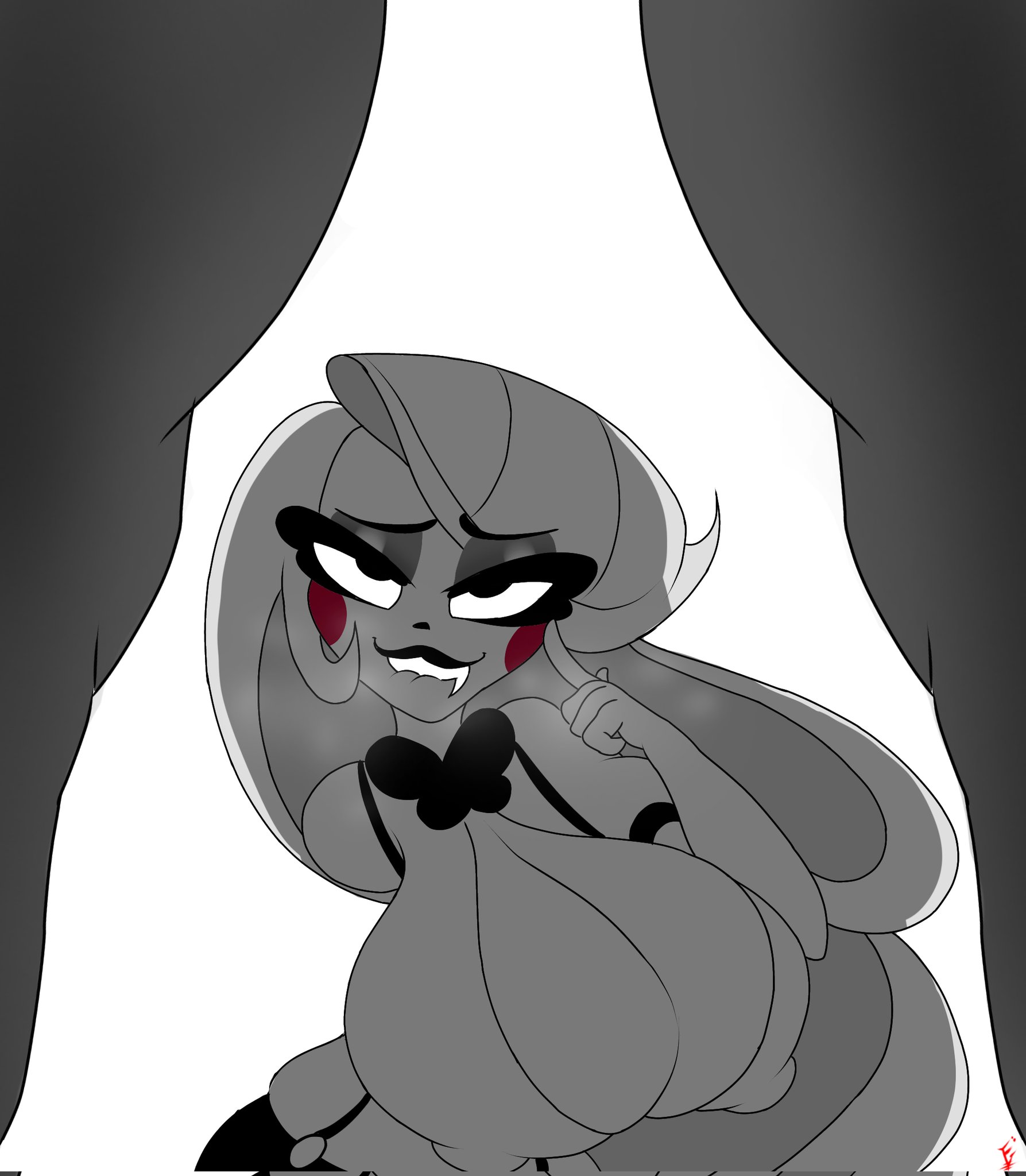 1boy, 1girls, anon, big breasts, biting lip, blonde hair, bowtie, breasts, charlie morningstar (hazbin hotel), cock hungry, demon, demon girl, female, female protagonist, hazbin hotel, huge breasts, human, humanoid, imminent oral, imminent sex, looking at genitalia, looking at penis, looking at viewer, looking at you, male, monochrome, neckwear, overalls, overbite, penis, seductive, seductive eyes, seductive look, seductive mouth, seductive smile, tuxedo, underground (artist), unseen male face