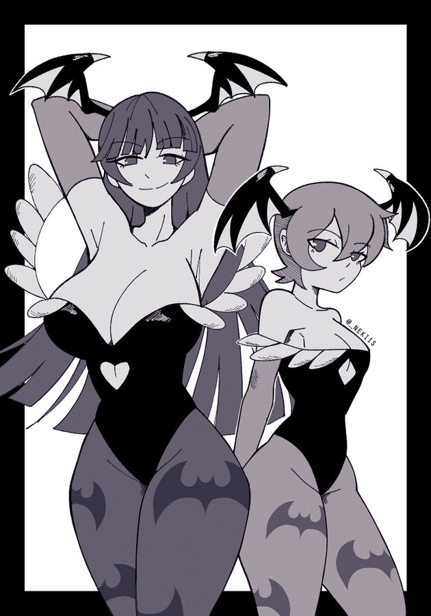 2girls, armpits, arms behind back, bat wings, big breasts, bodysuit, breasts, busty, capcom, child bearing hips, cleavage, clothing, darkstalkers, demon, female, large breasts, lilith aensland, looking at viewer, monochrome, morrigan aensland, multiple females, multiple girls, naughty face, nekiis, pose, sisters, small breasts, smile, succubus, voluptuous, wide hips